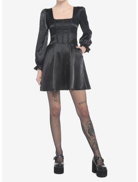 Plus Size Black Satin Princess Long-Sleeve Dress, , hi-res