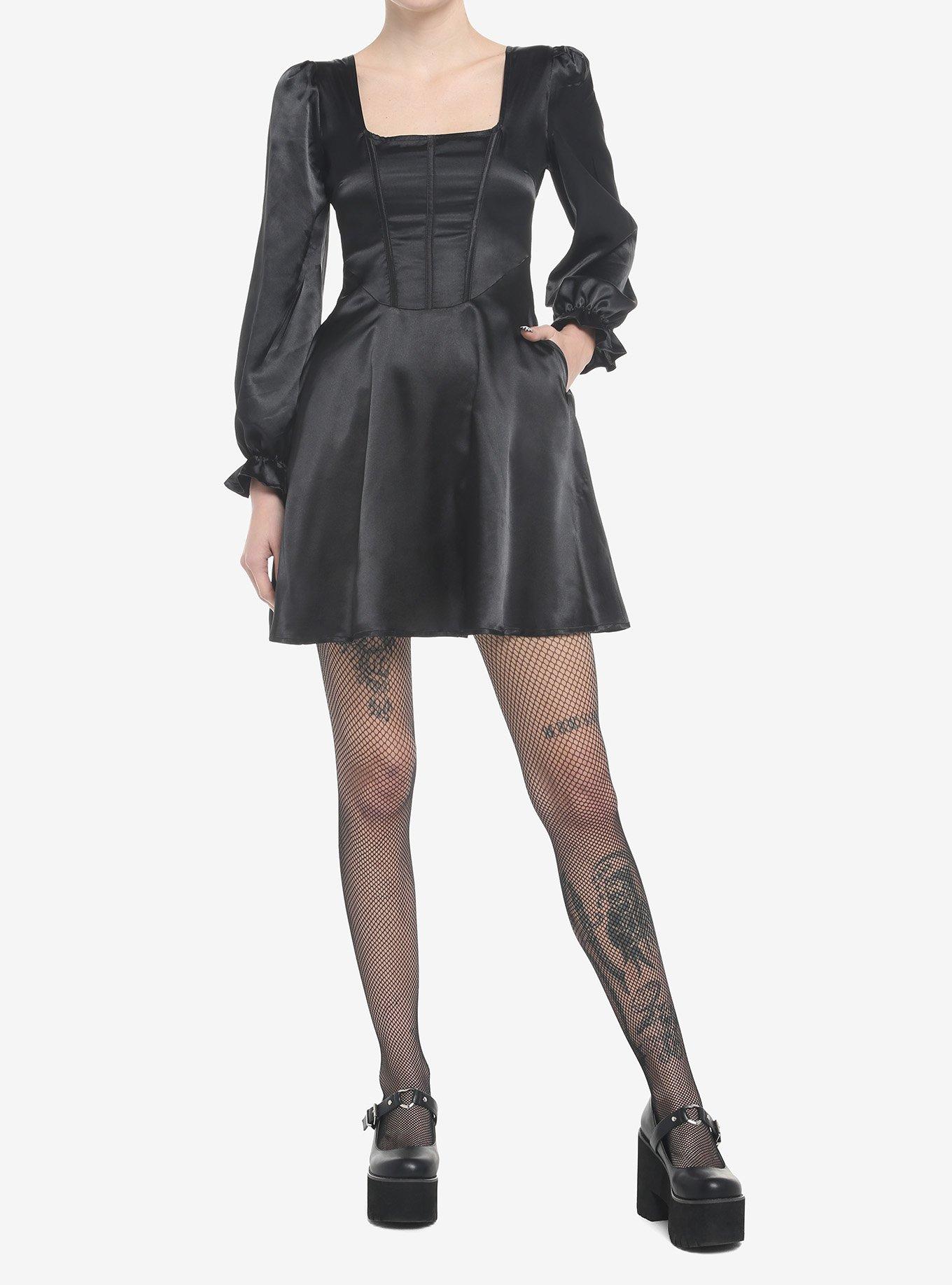 Black Satin Princess Long-Sleeve Dress, BLACK, alternate
