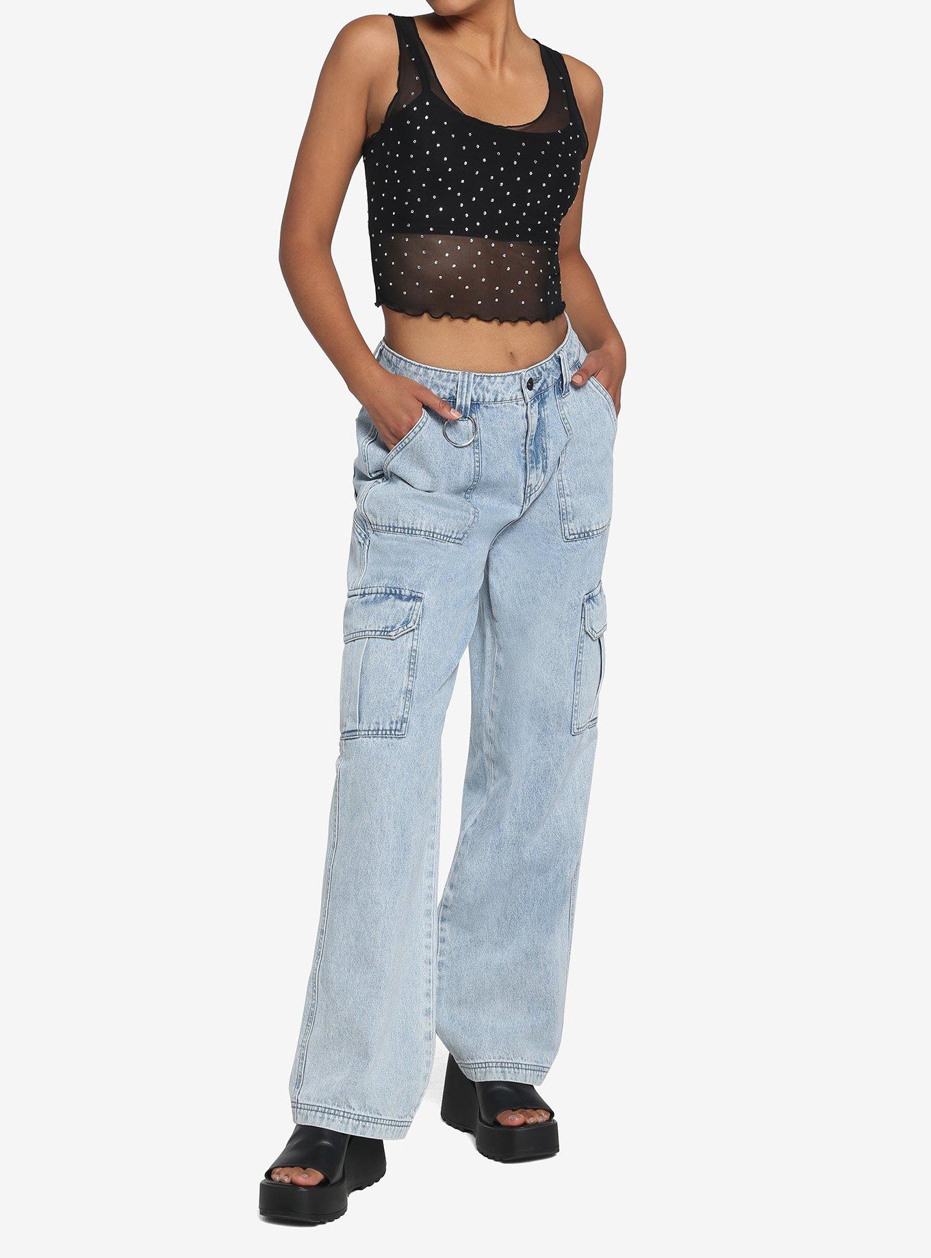 Black Mesh Rhinestone Girls Crop Tank Top, BLACK, alternate