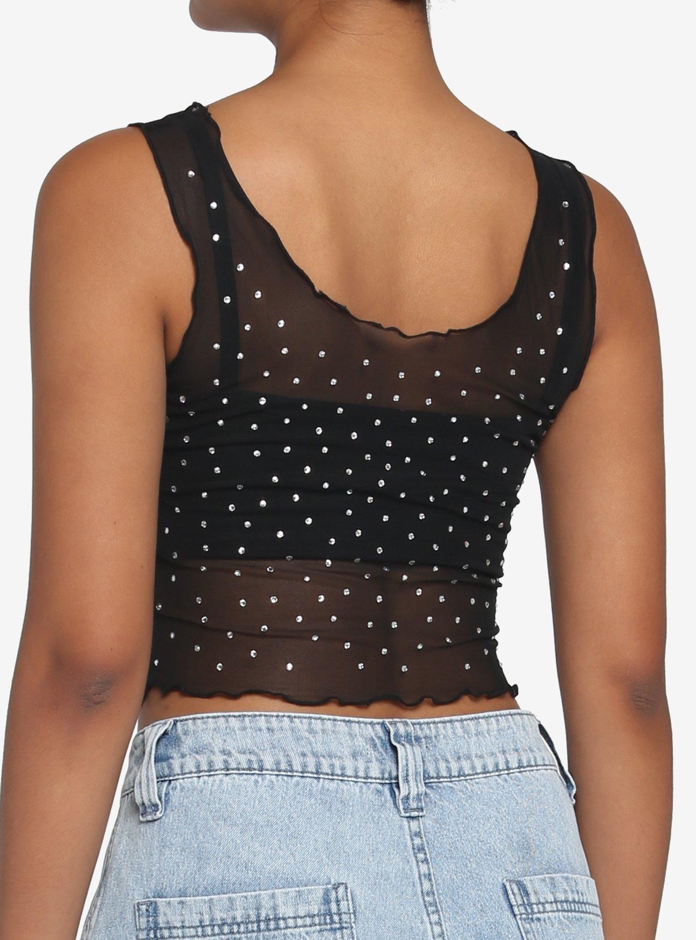 Black Mesh Rhinestone Girls Crop Tank Top, BLACK, alternate