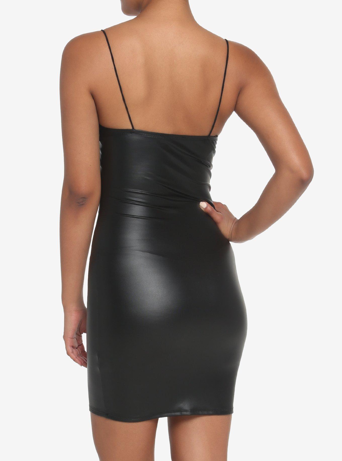 Black Faux Leather Lace V-Neck Mini Dress, BLACK, alternate
