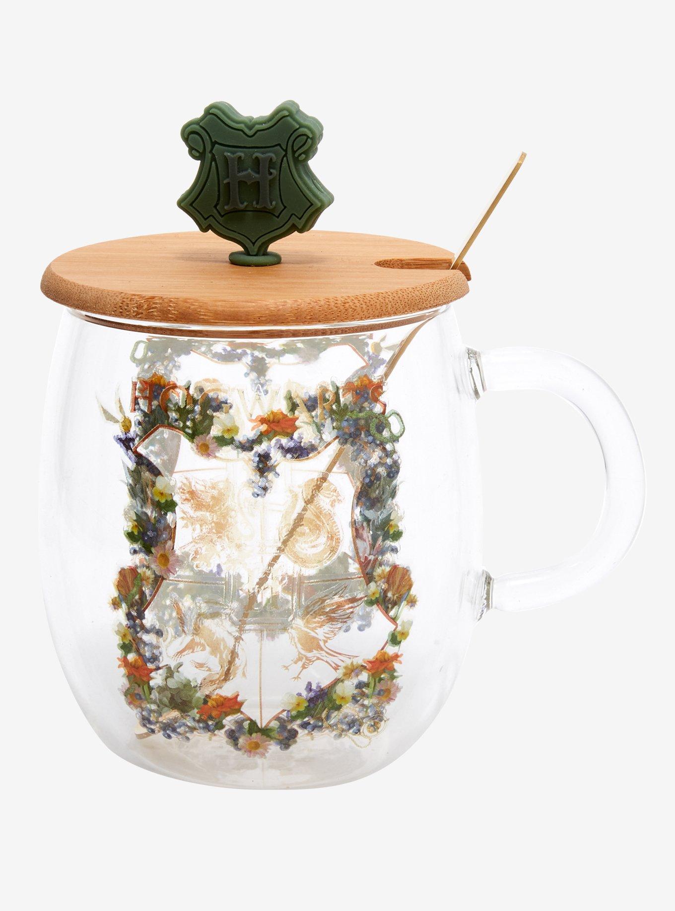 Harry Potter Floral Hogwarts Crest Glass Mug with Lid & Spoon Set , , alternate