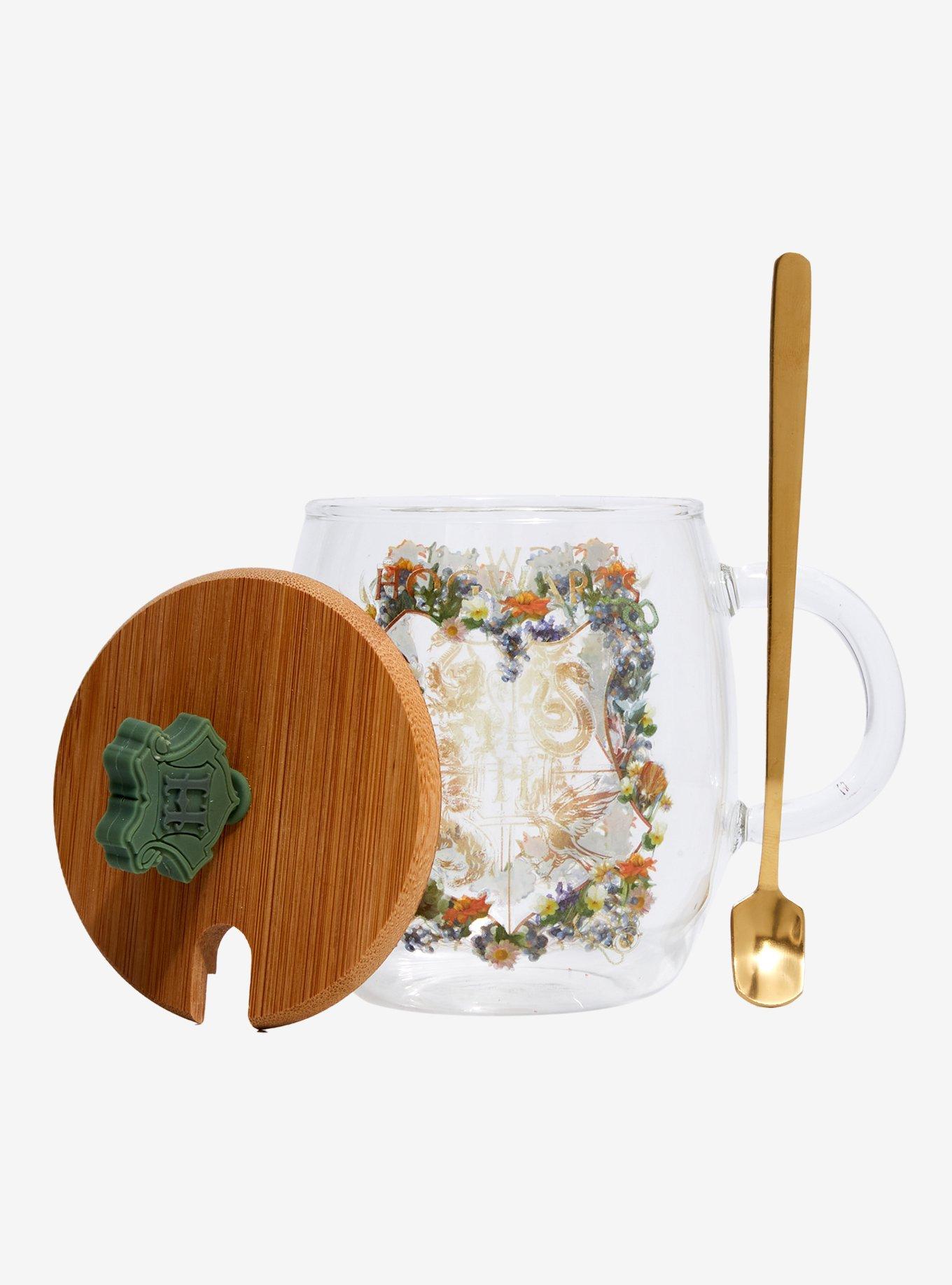 Harry Potter Floral Hogwarts Crest Glass Mug with Lid & Spoon Set , , alternate