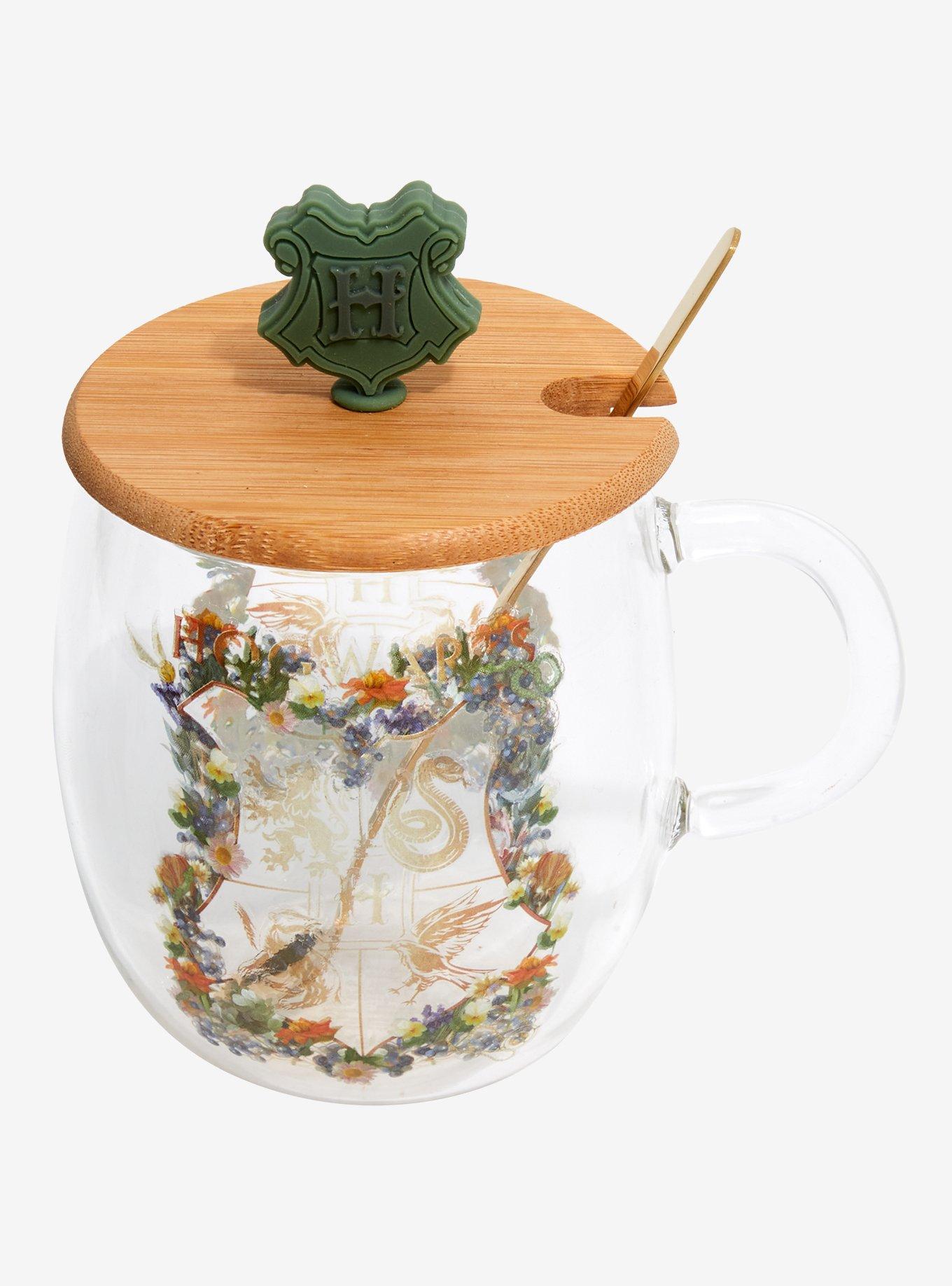 Harry Potter Floral Hogwarts Crest Glass Mug with Lid & Spoon Set , , alternate