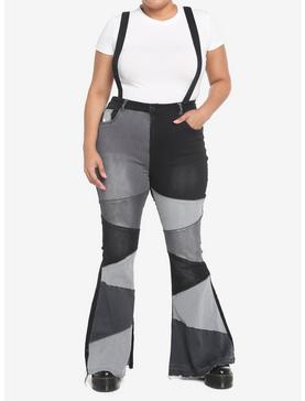 Black & Grey Patchwork Flare Suspender Pants Plus Size, , hi-res