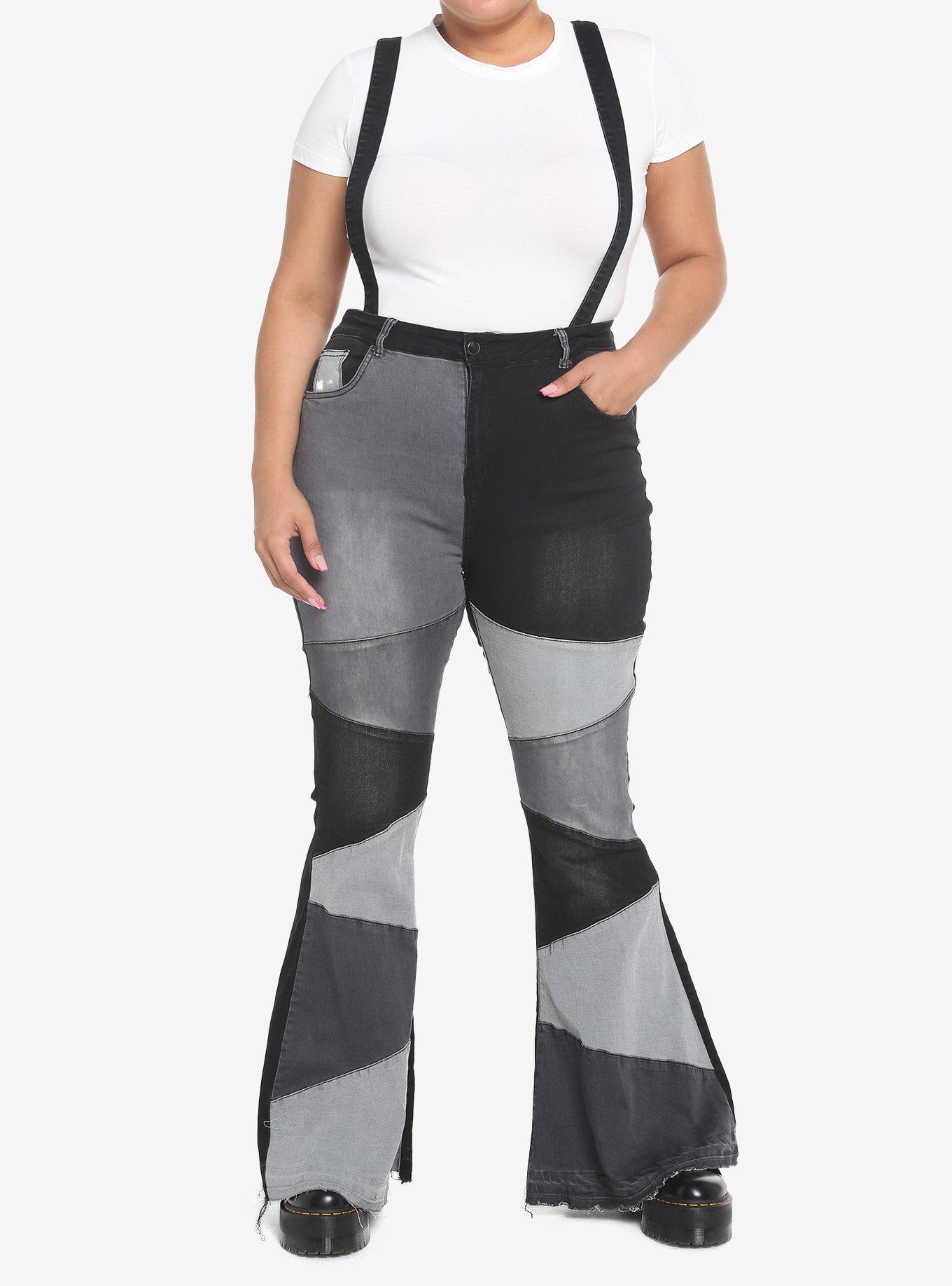 Black & Grey Patchwork Flare Suspender Pants Plus Size, BLACK, alternate
