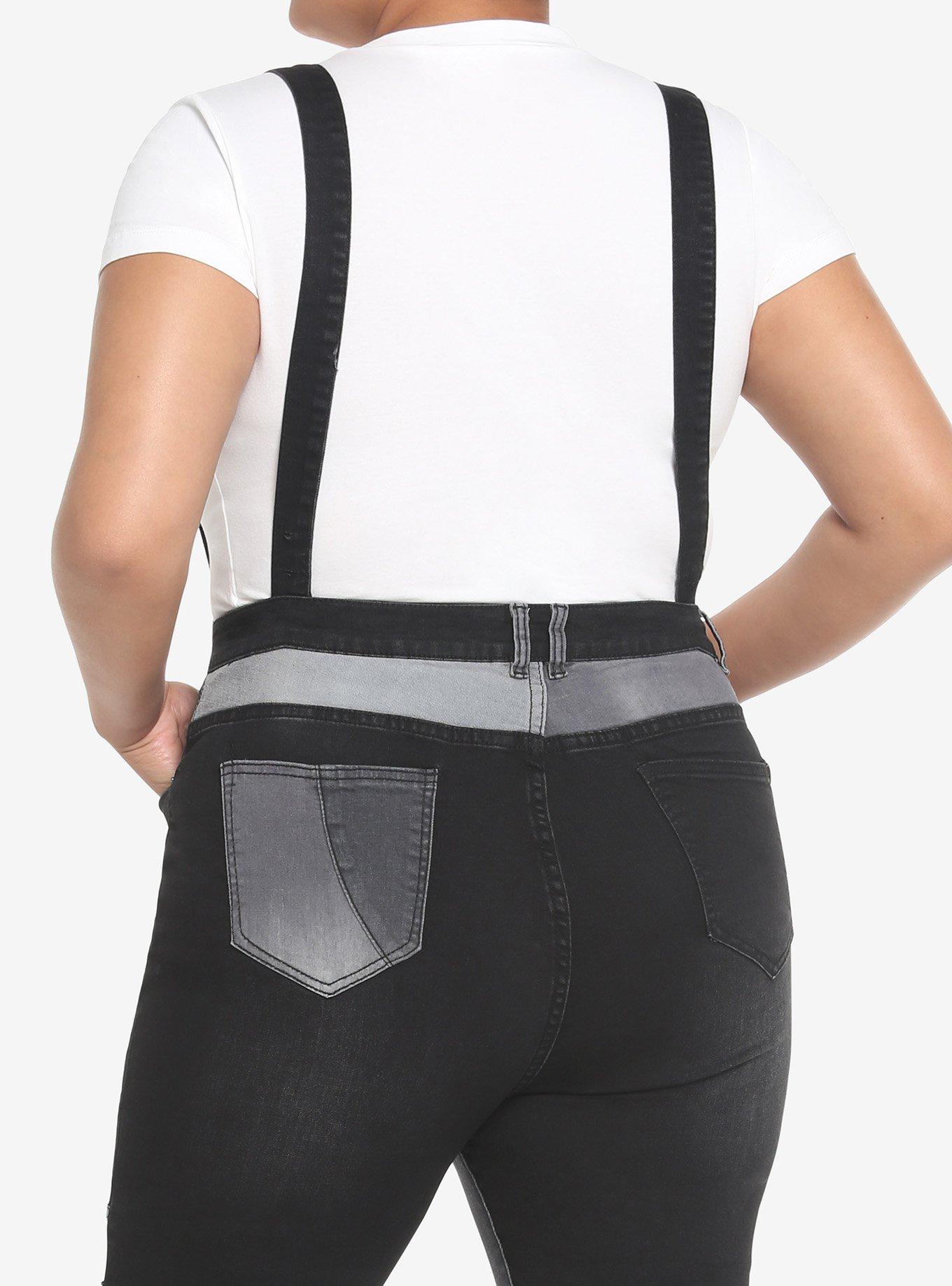 Black & Grey Patchwork Flare Suspender Pants Plus Size, BLACK, alternate