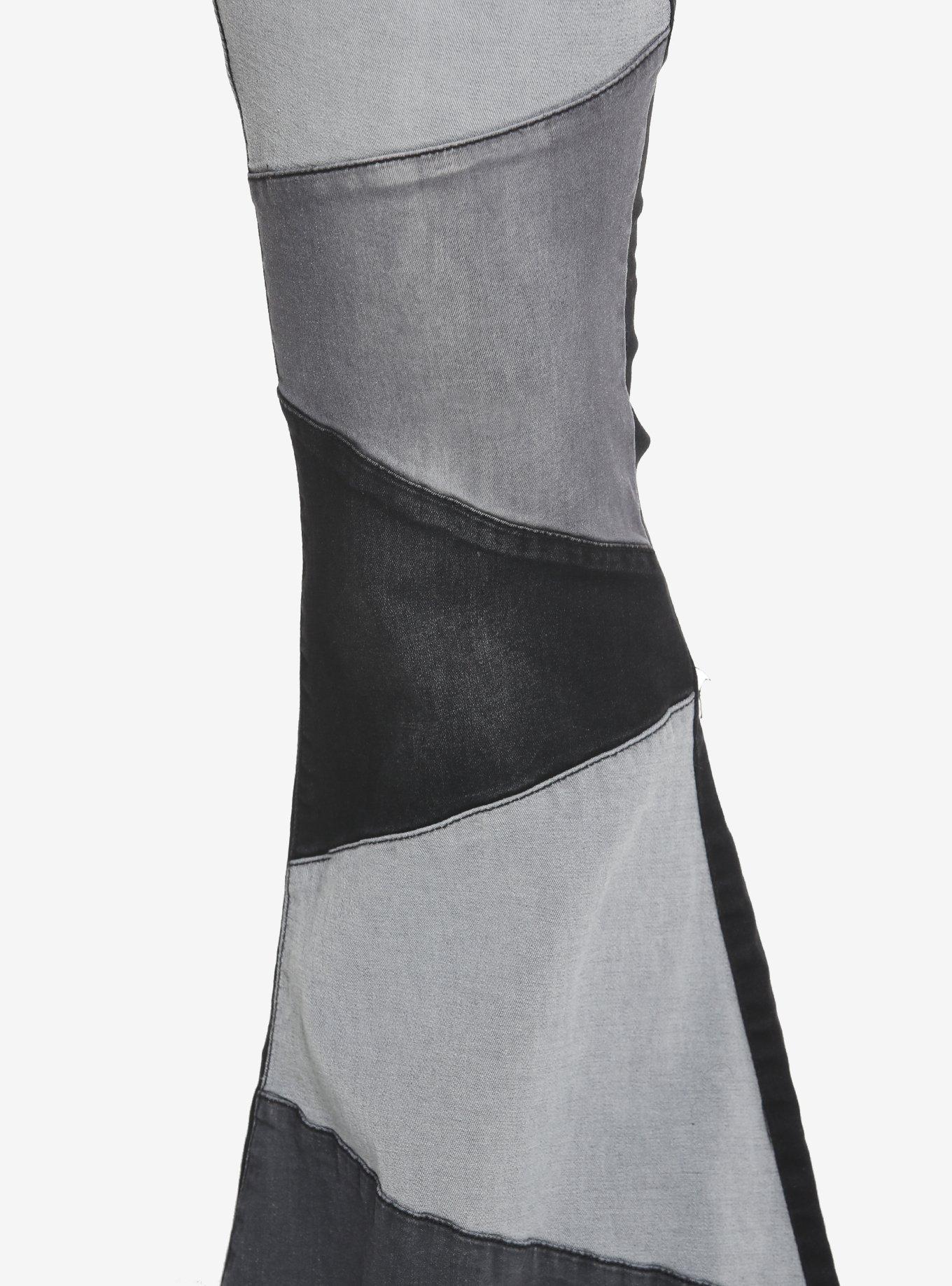 Black & Grey Patchwork Flare Suspender Pants Plus Size, BLACK, alternate