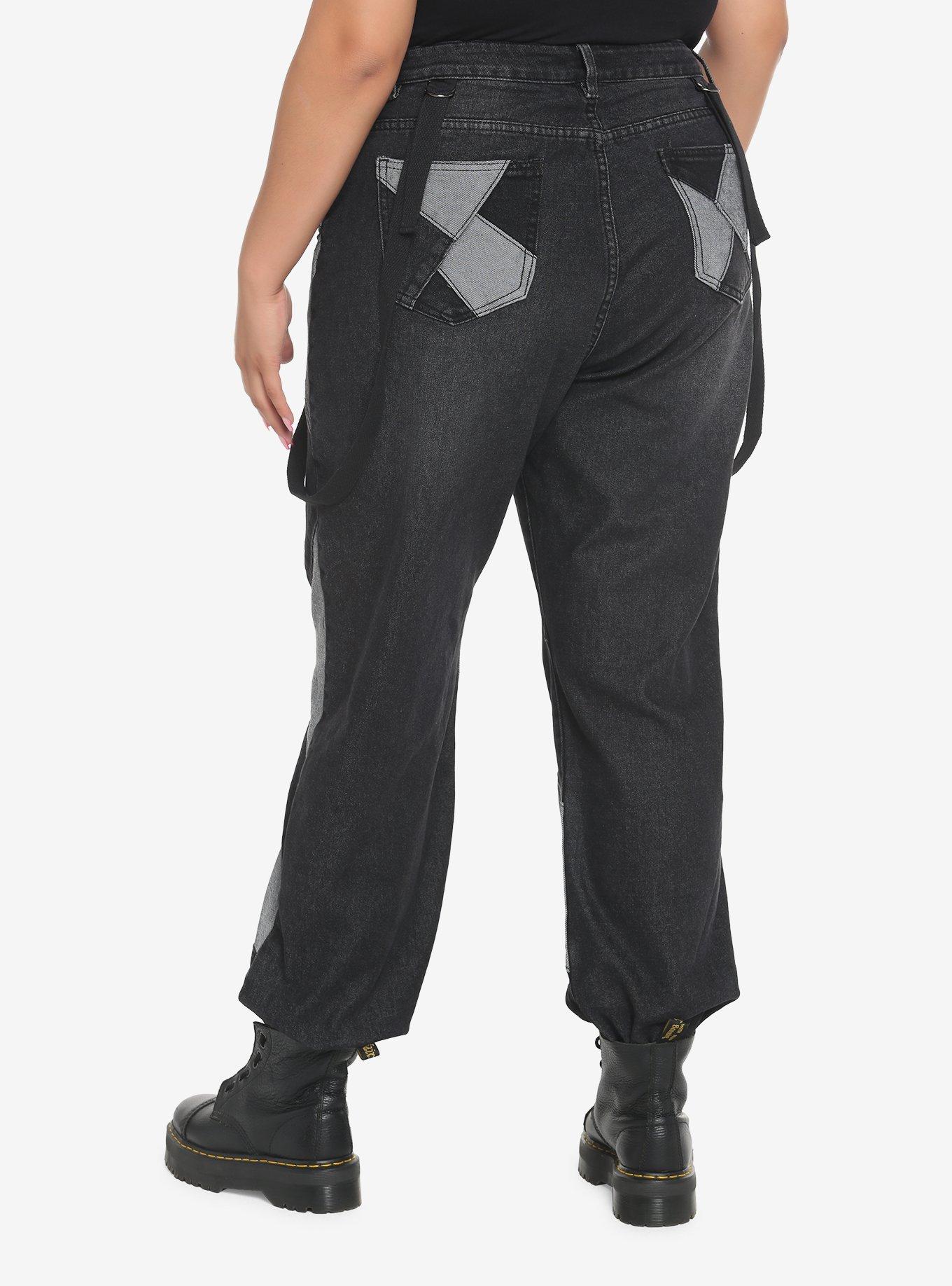 Black & Grey Patchwork Denim Joggers Plus Size, BLACK, alternate