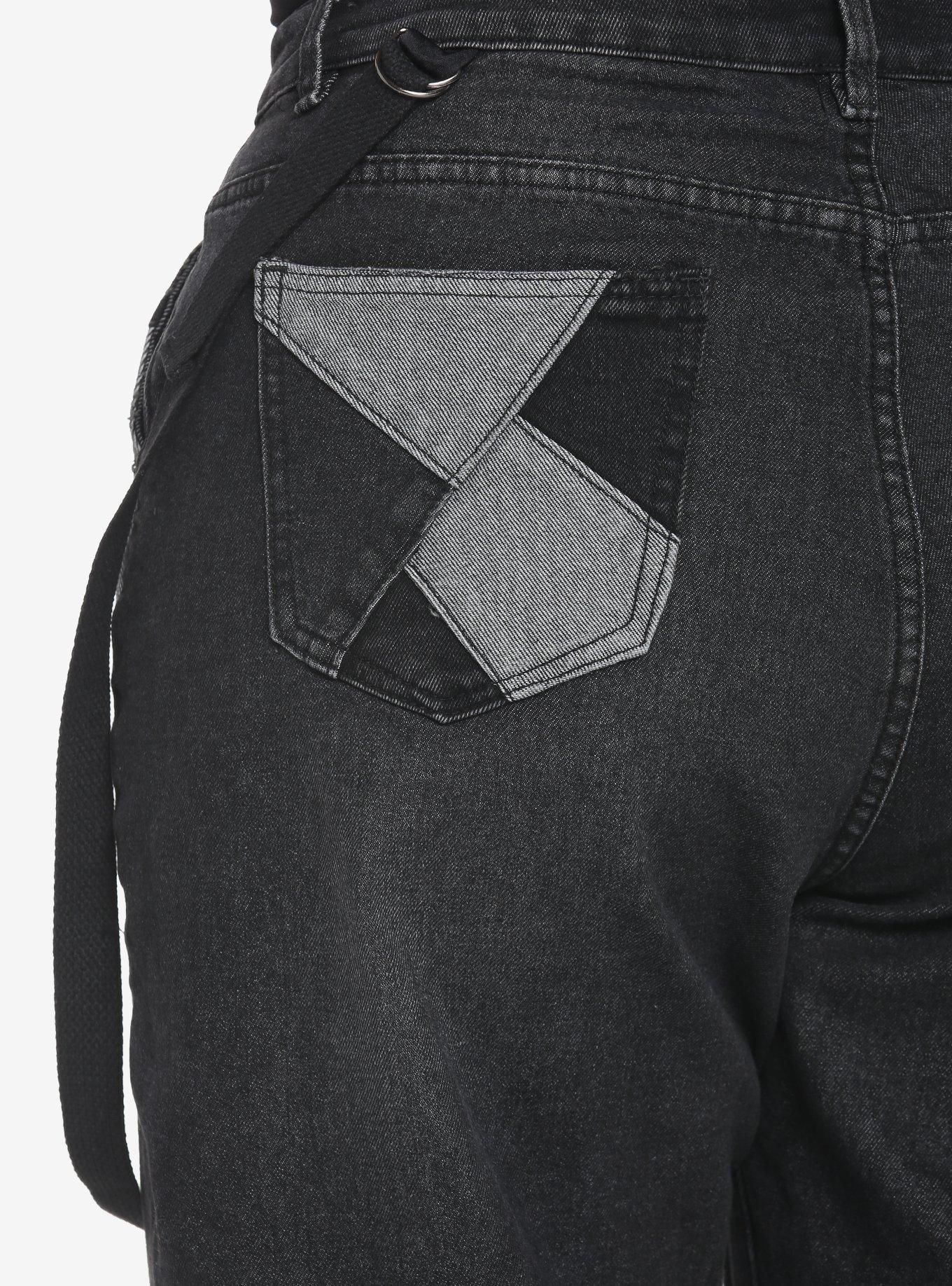 Black & Grey Patchwork Denim Joggers Plus Size, BLACK, alternate