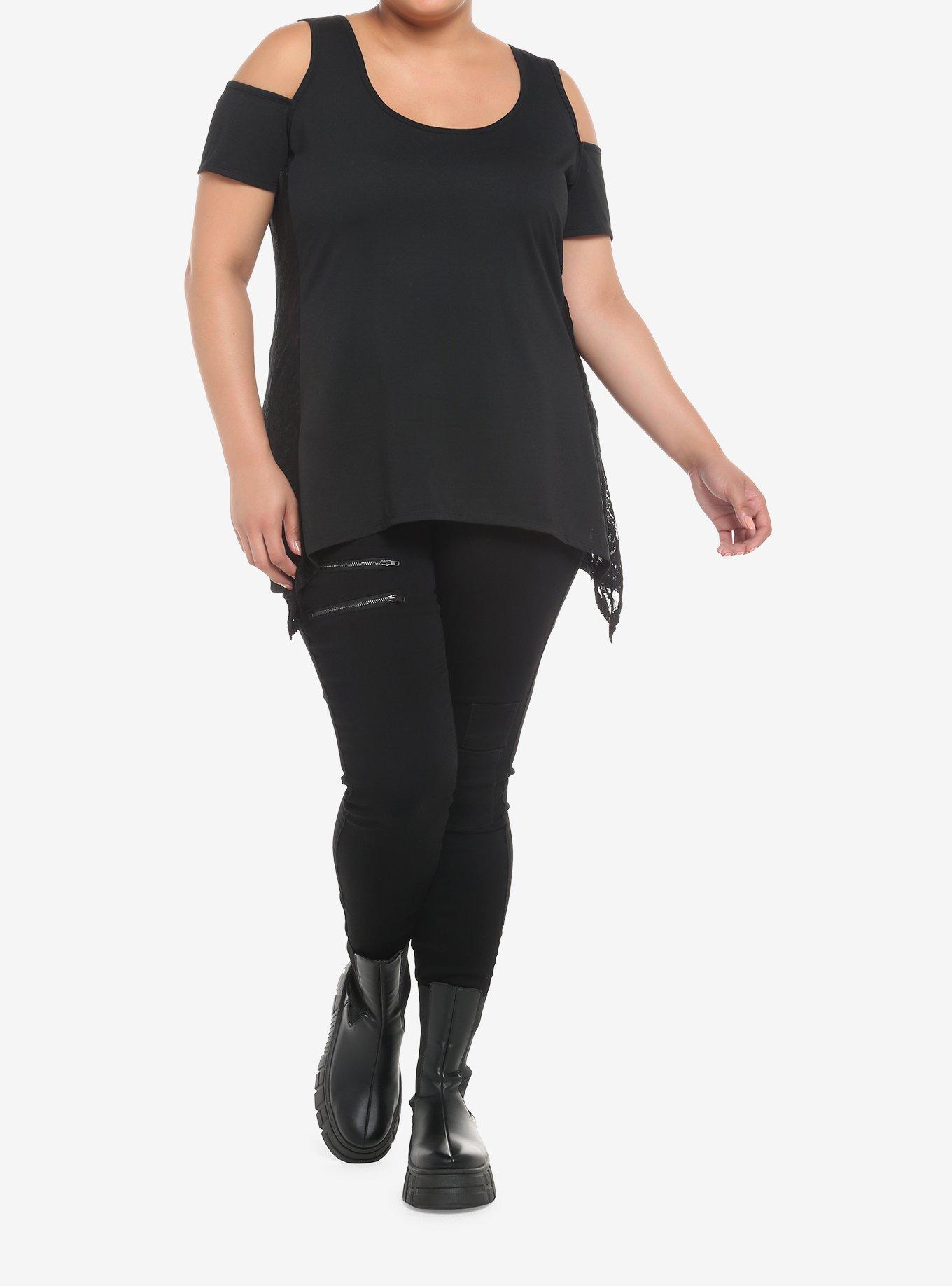 Black Skull Lace Cold Shoulder Sharkbite Girls Tank Top Plus Size, BLACK, alternate