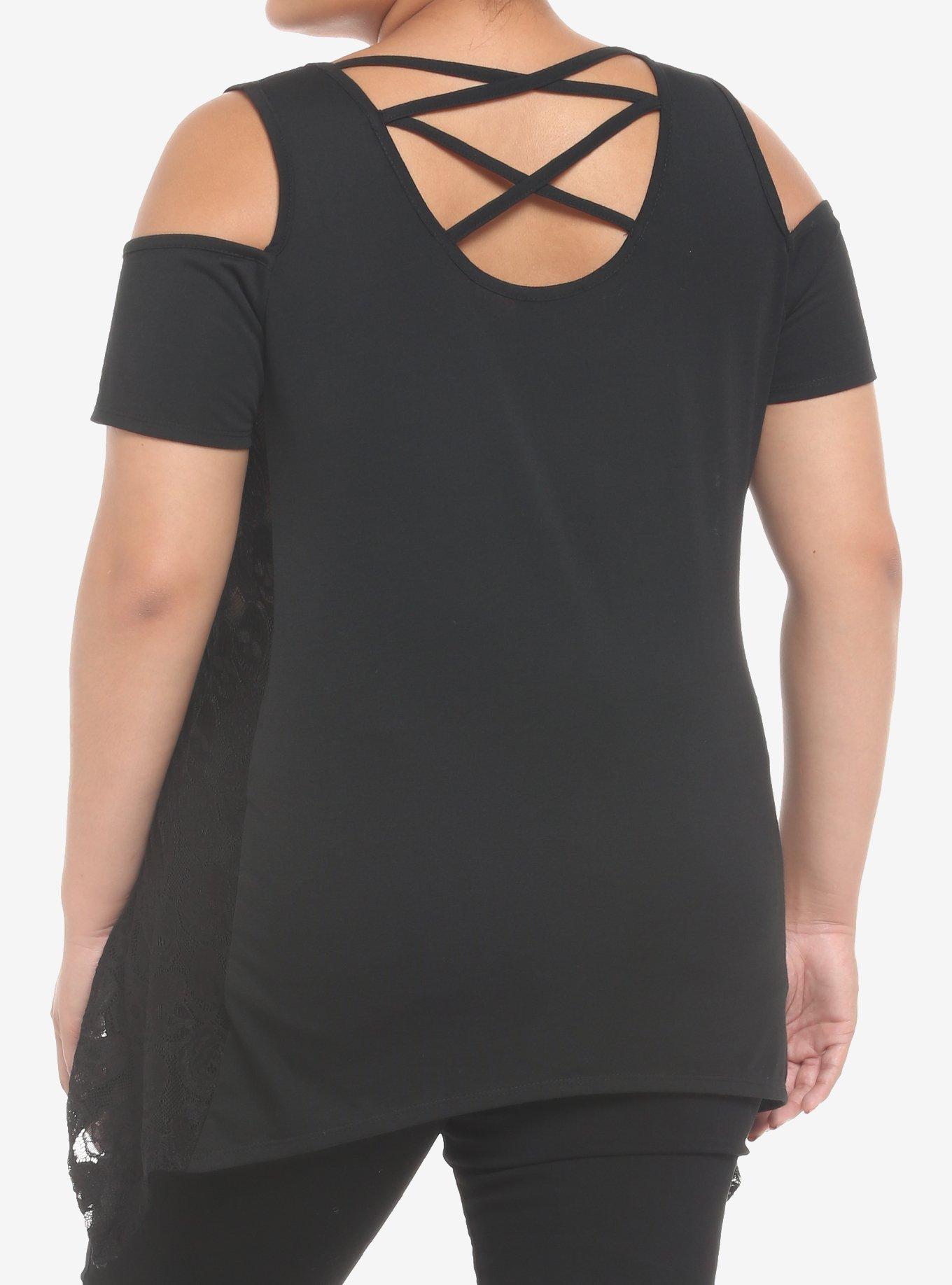 Black Skull Lace Cold Shoulder Sharkbite Girls Tank Top Plus Size, BLACK, alternate