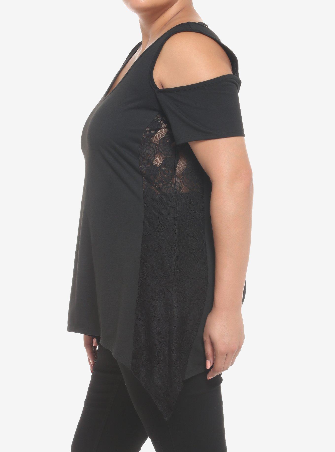 Black Skull Lace Cold Shoulder Sharkbite Girls Tank Top Plus Size, BLACK, alternate
