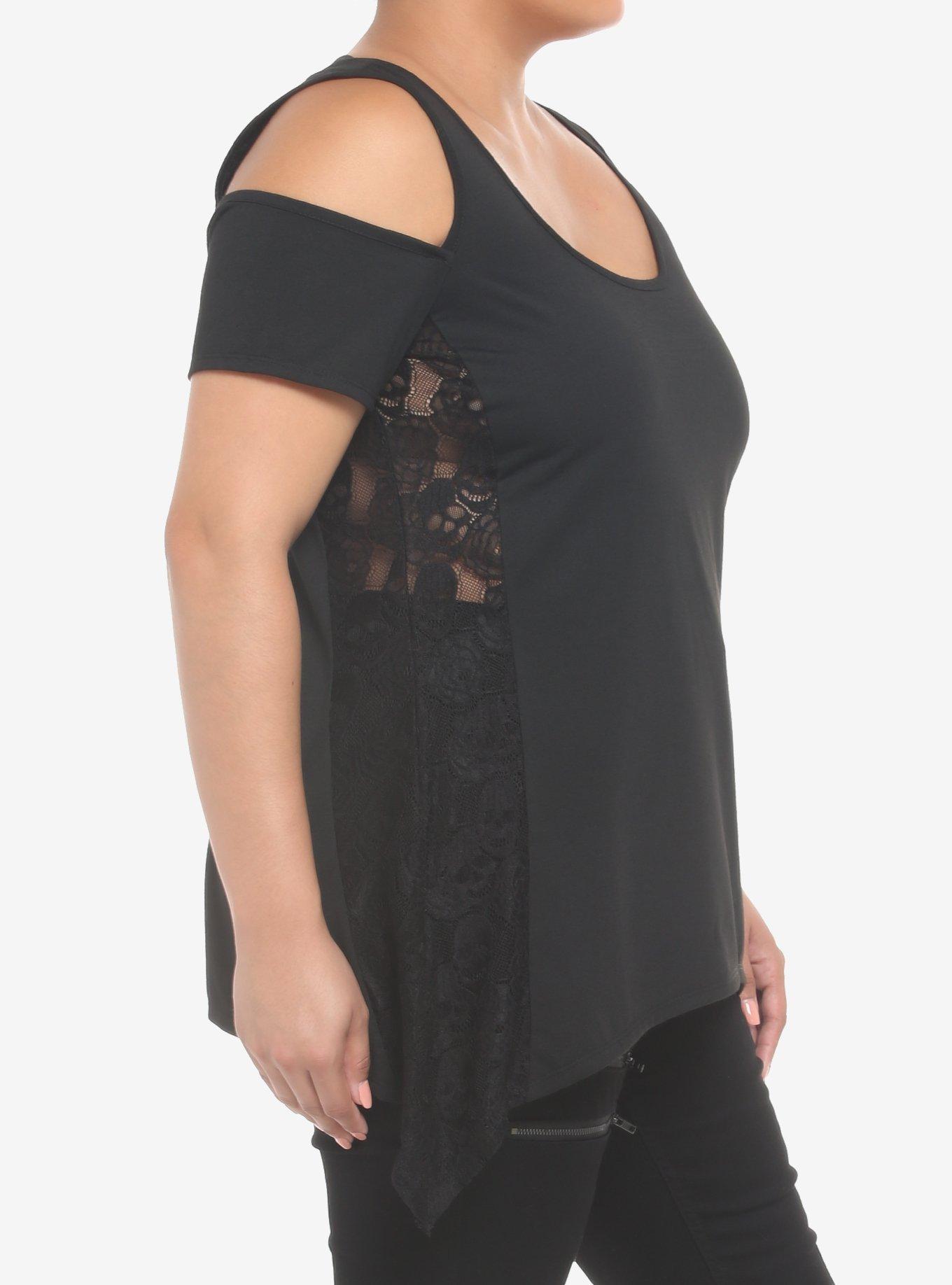 Black Skull Lace Cold Shoulder Sharkbite Girls Tank Top Plus Size, BLACK, alternate