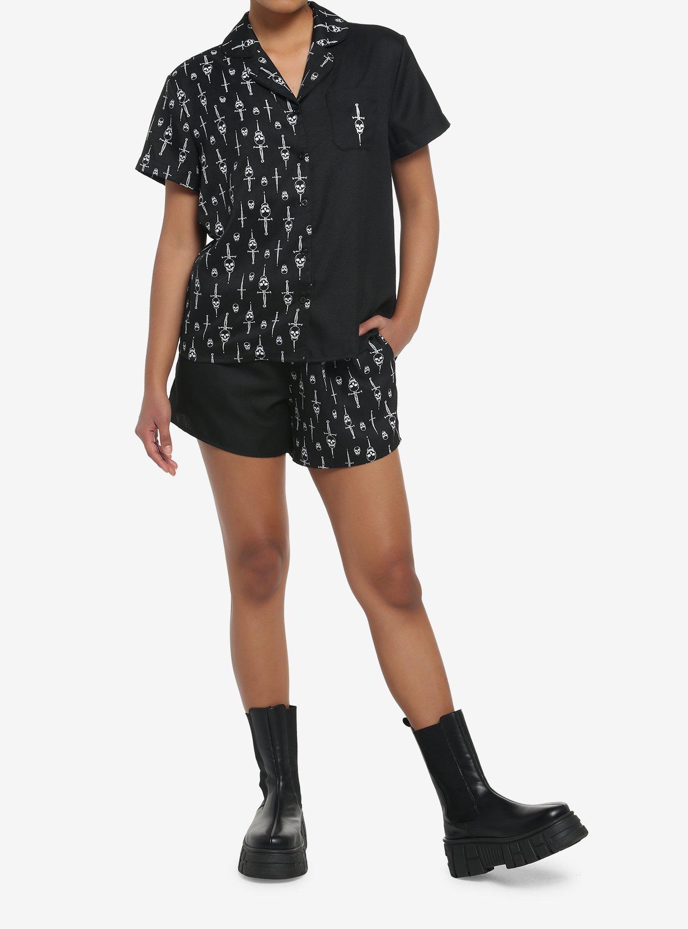 Skull & Dagger Girls Button-Up Top & Shorts Lounge Set, BLACK, alternate