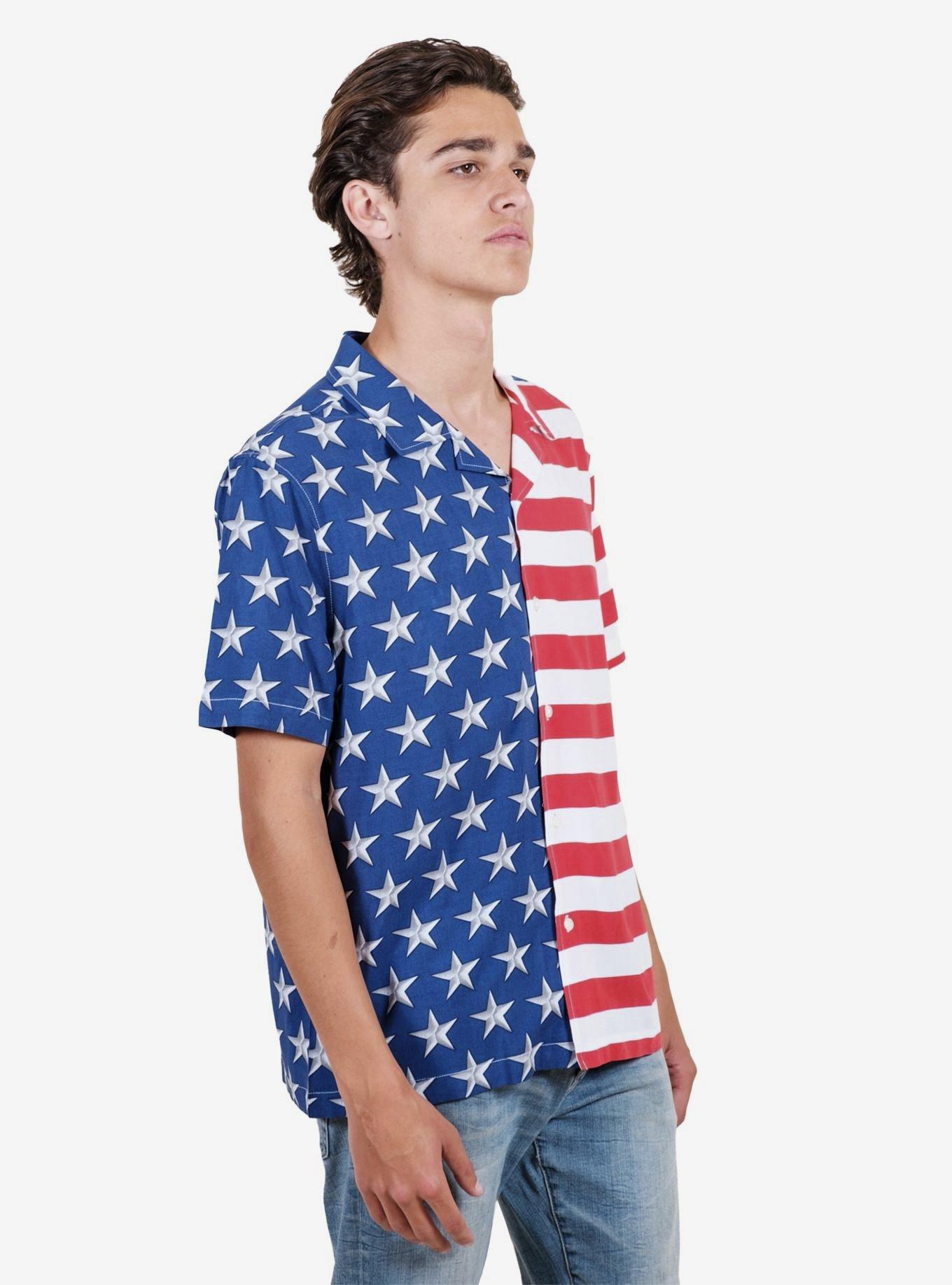 Split Flag Woven Shirt in Red, White, and Blue Button Up, RED  WHITE  BLUE, alternate