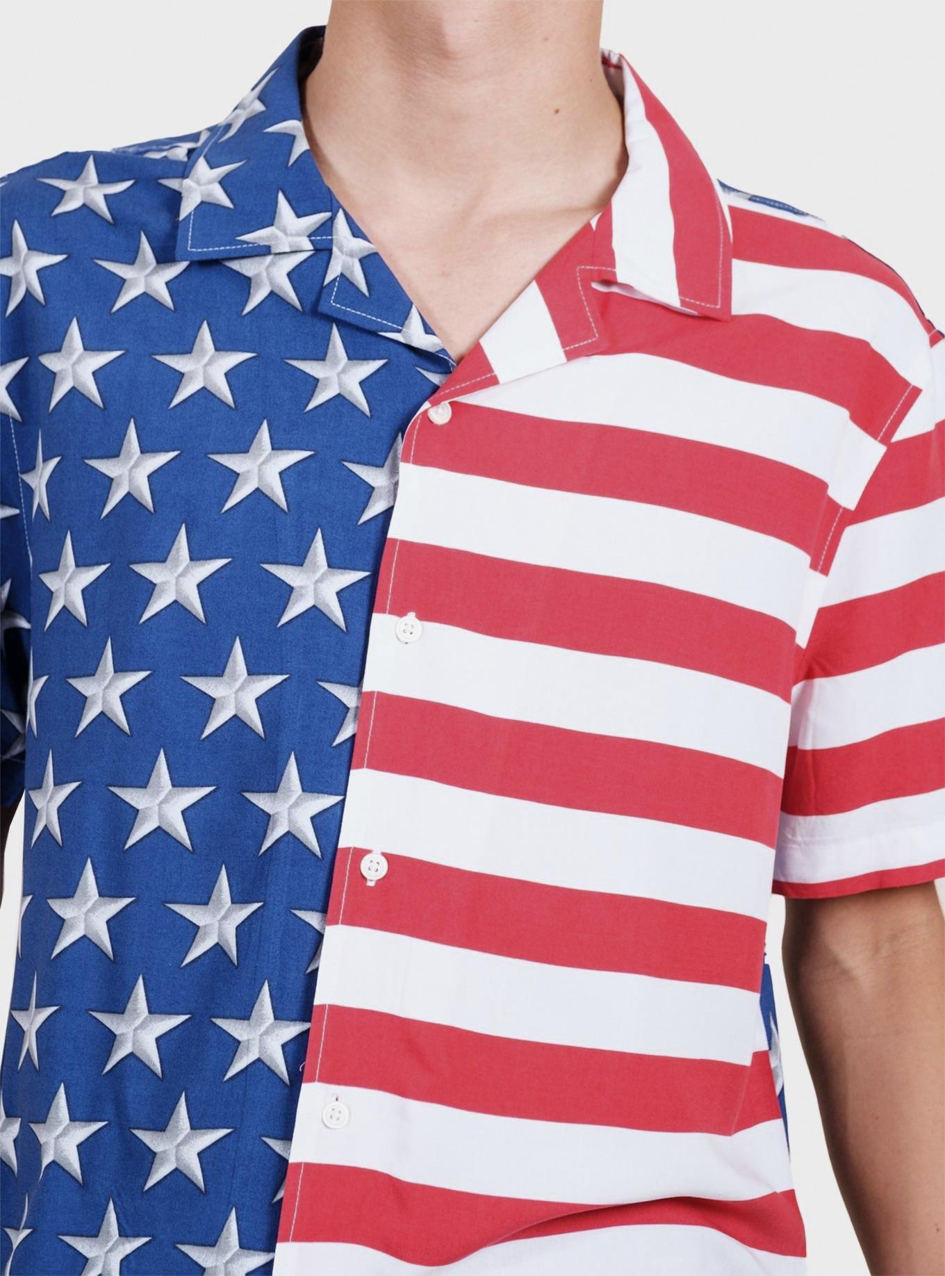 Split Flag Woven Shirt in Red, White, and Blue Button Up, RED  WHITE  BLUE, alternate