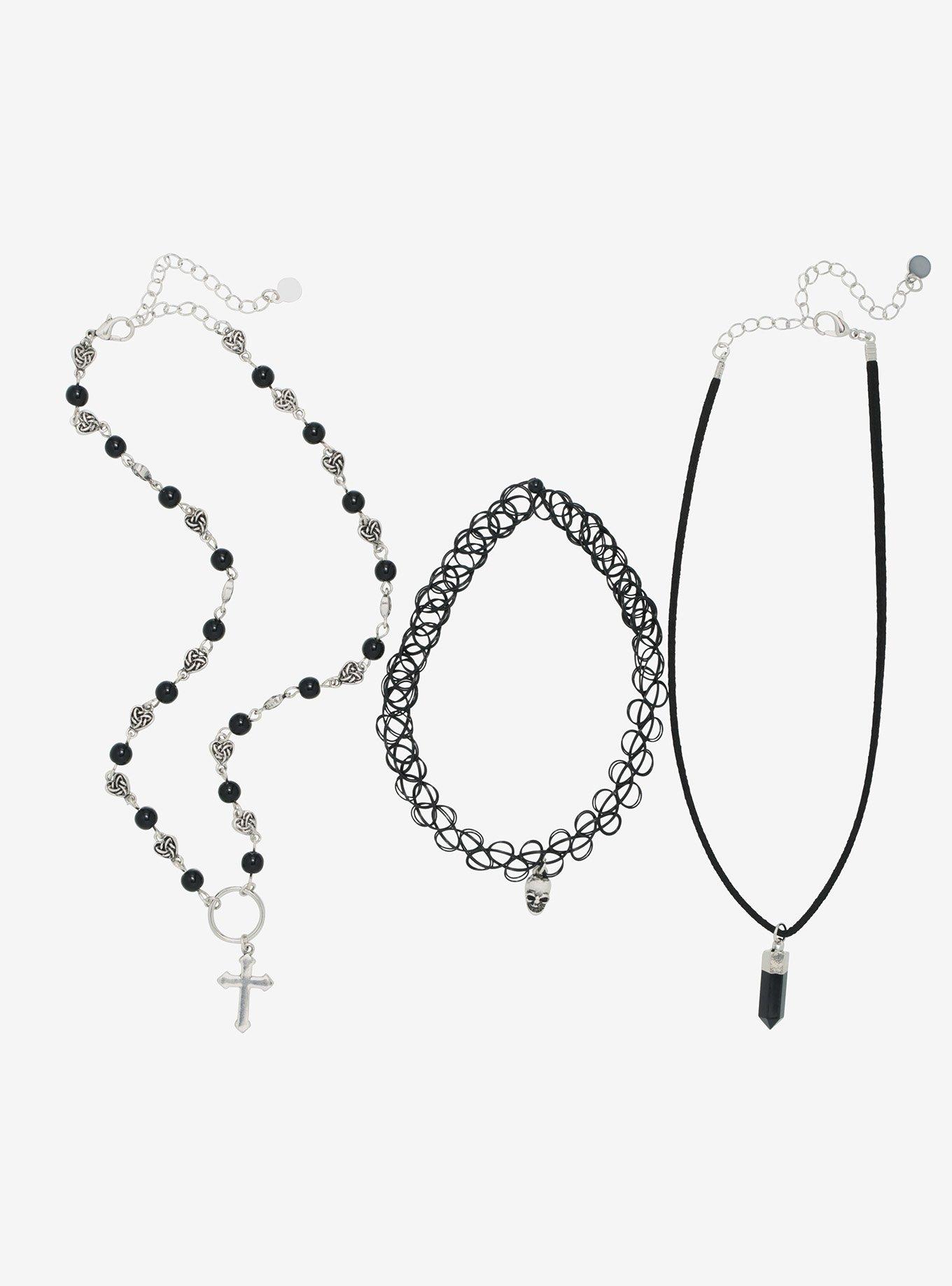Black Skull Rosary Necklace Set, , alternate