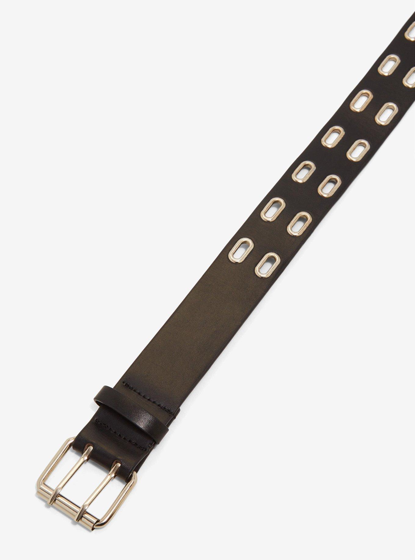 Black Two Row Oval Grommet Belt, SILVER, alternate