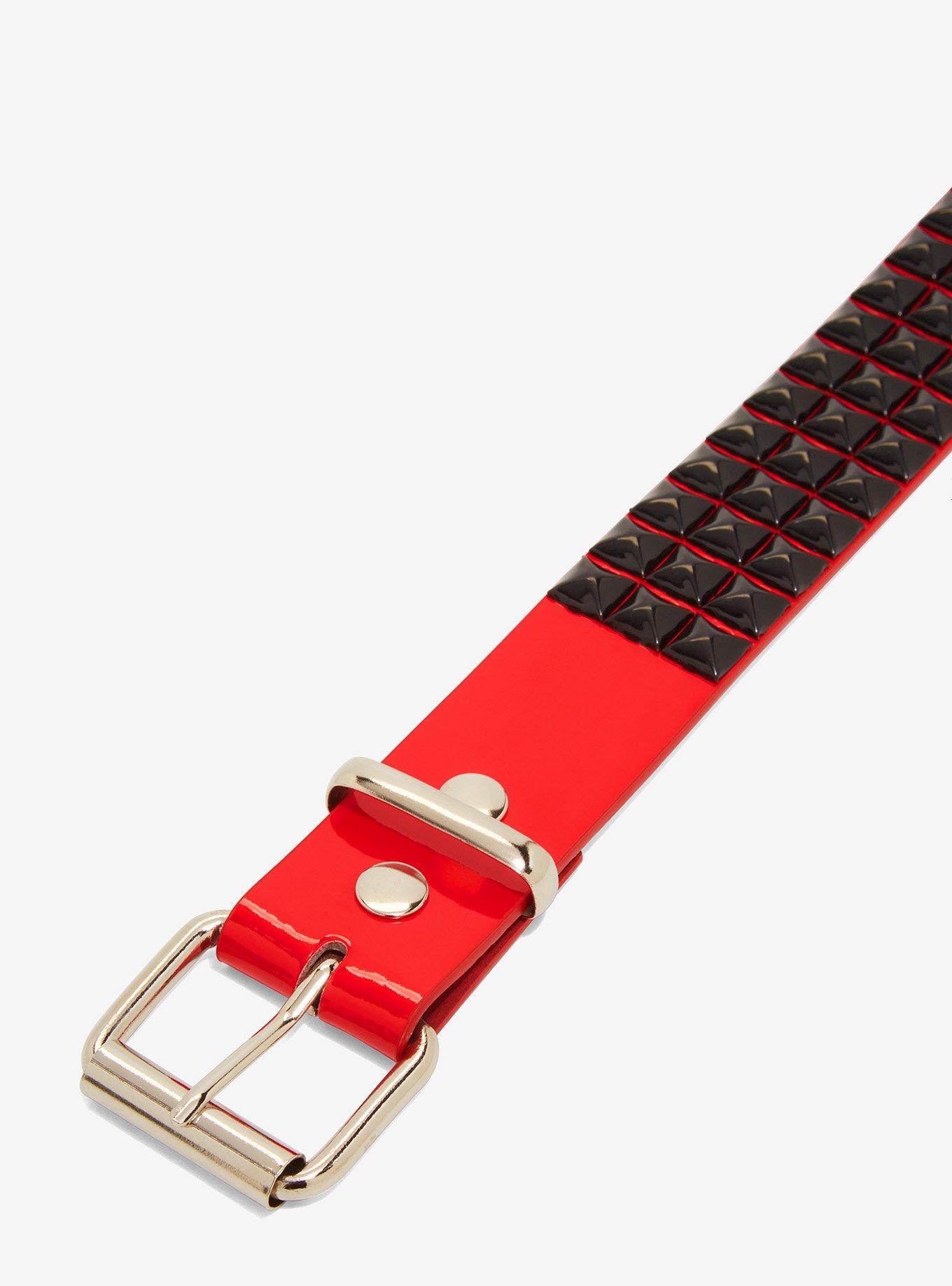 Three Row Black Pyramid Stud Red Patent Belt, RED, alternate