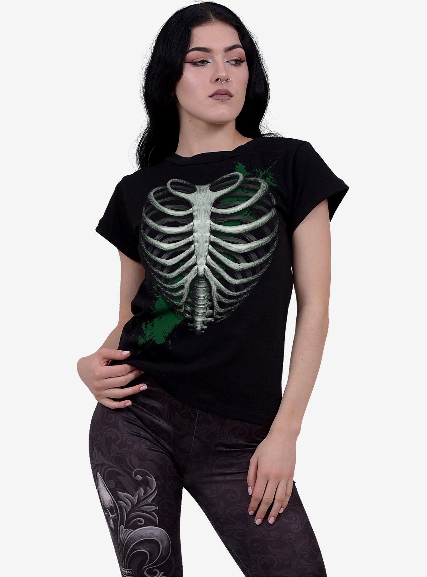 Heart Ribs Glow In The Dark Black Boatneck Cap Sleeve T-Shirt