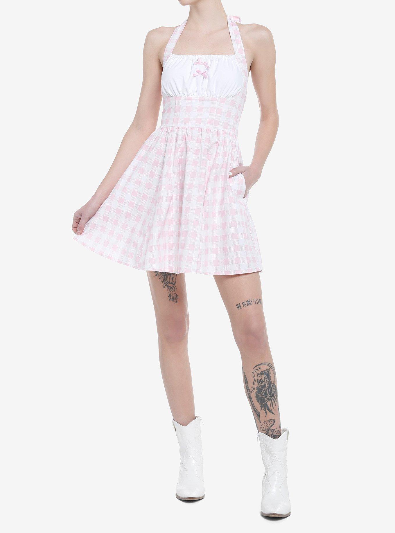 Pink Gingham Halter Mini Dress, GINGHAM PLAID, alternate