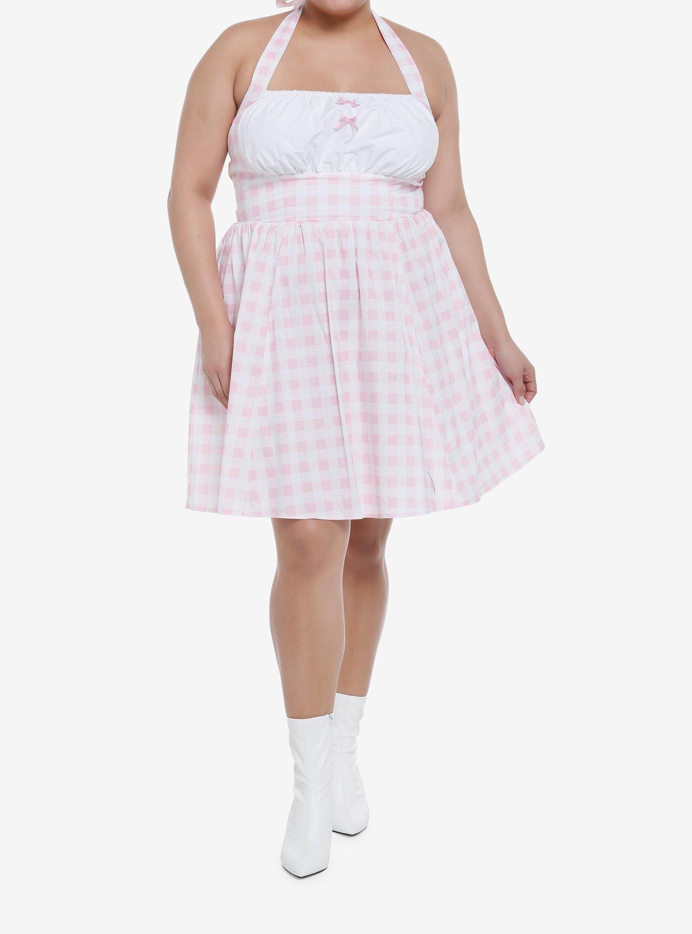 Pink Gingham Halter Mini Dress Plus Size, GINGHAM PLAID, alternate