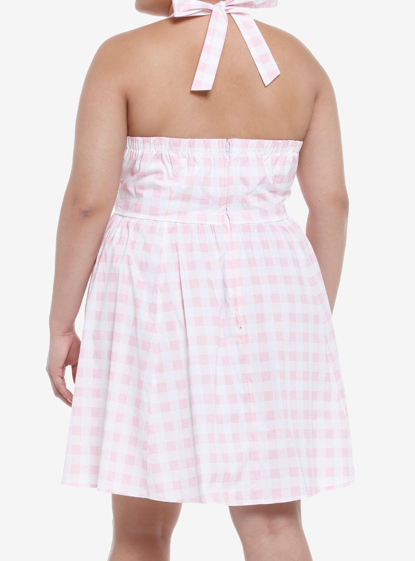 Pink Gingham Halter Mini Dress Plus Size, GINGHAM PLAID, alternate