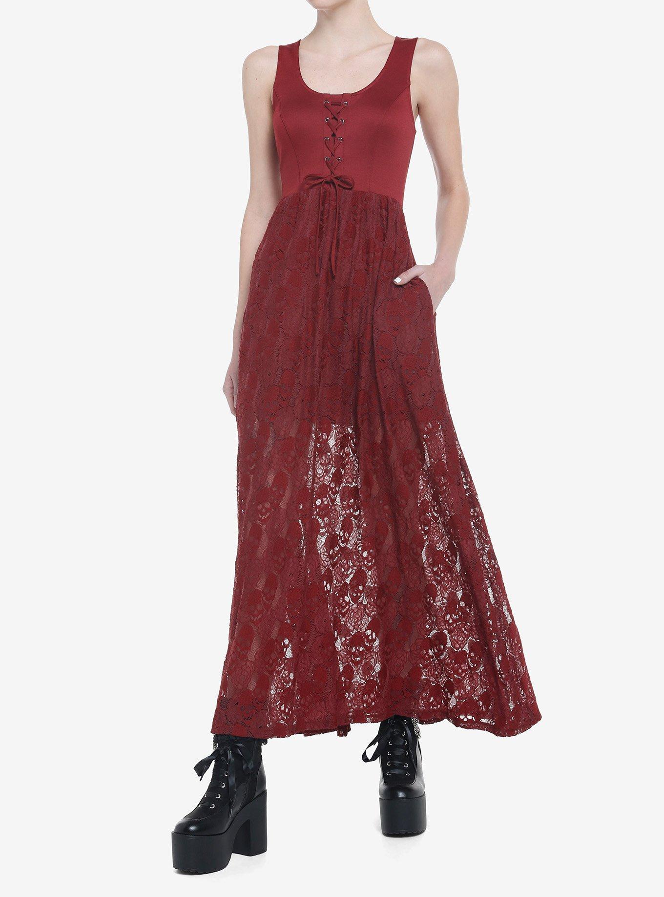 Burgundy Skulls Lace-Up Maxi Dress, BURGUNDY, alternate