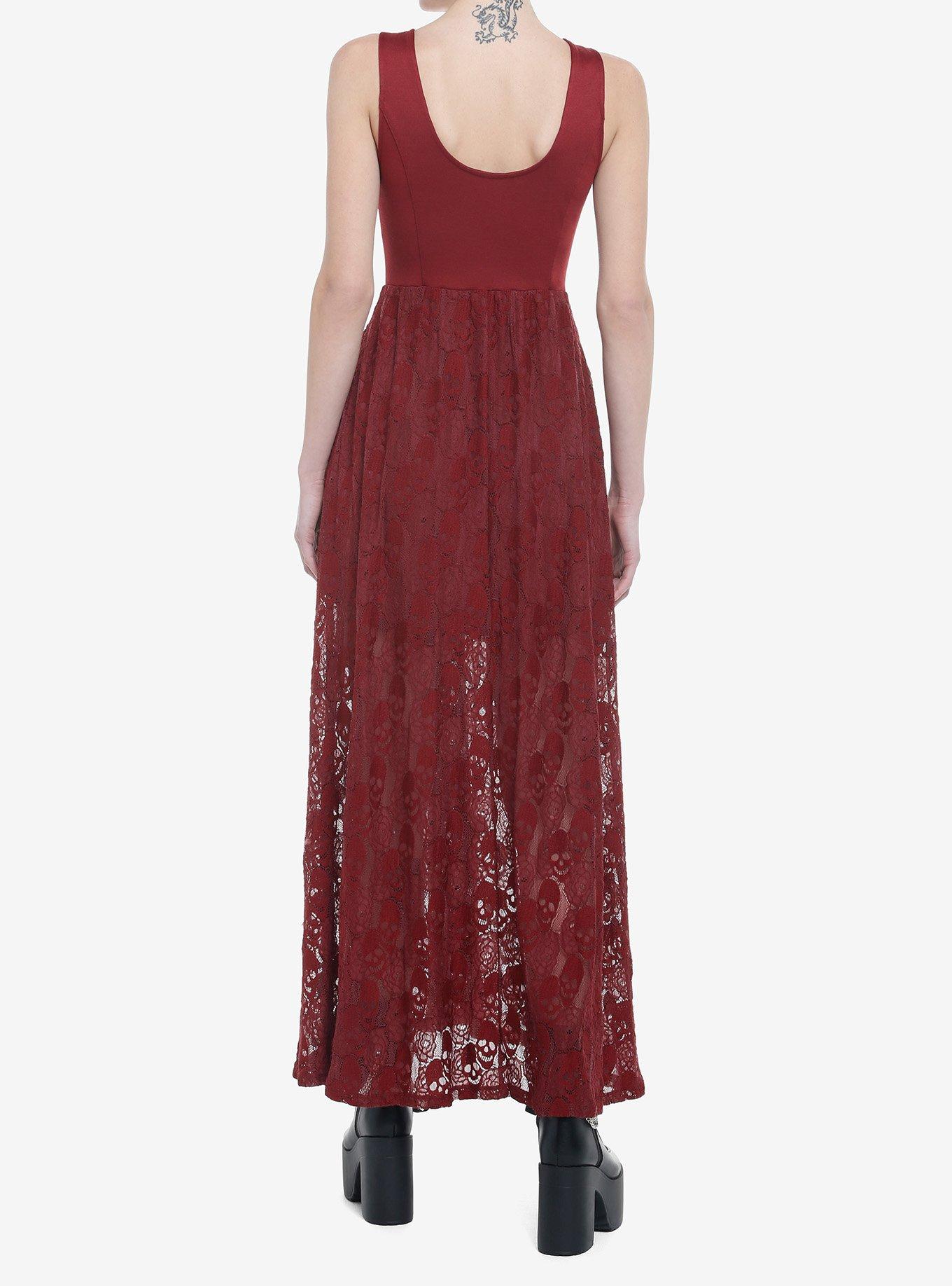 Burgundy Skulls Lace-Up Maxi Dress, BURGUNDY, alternate