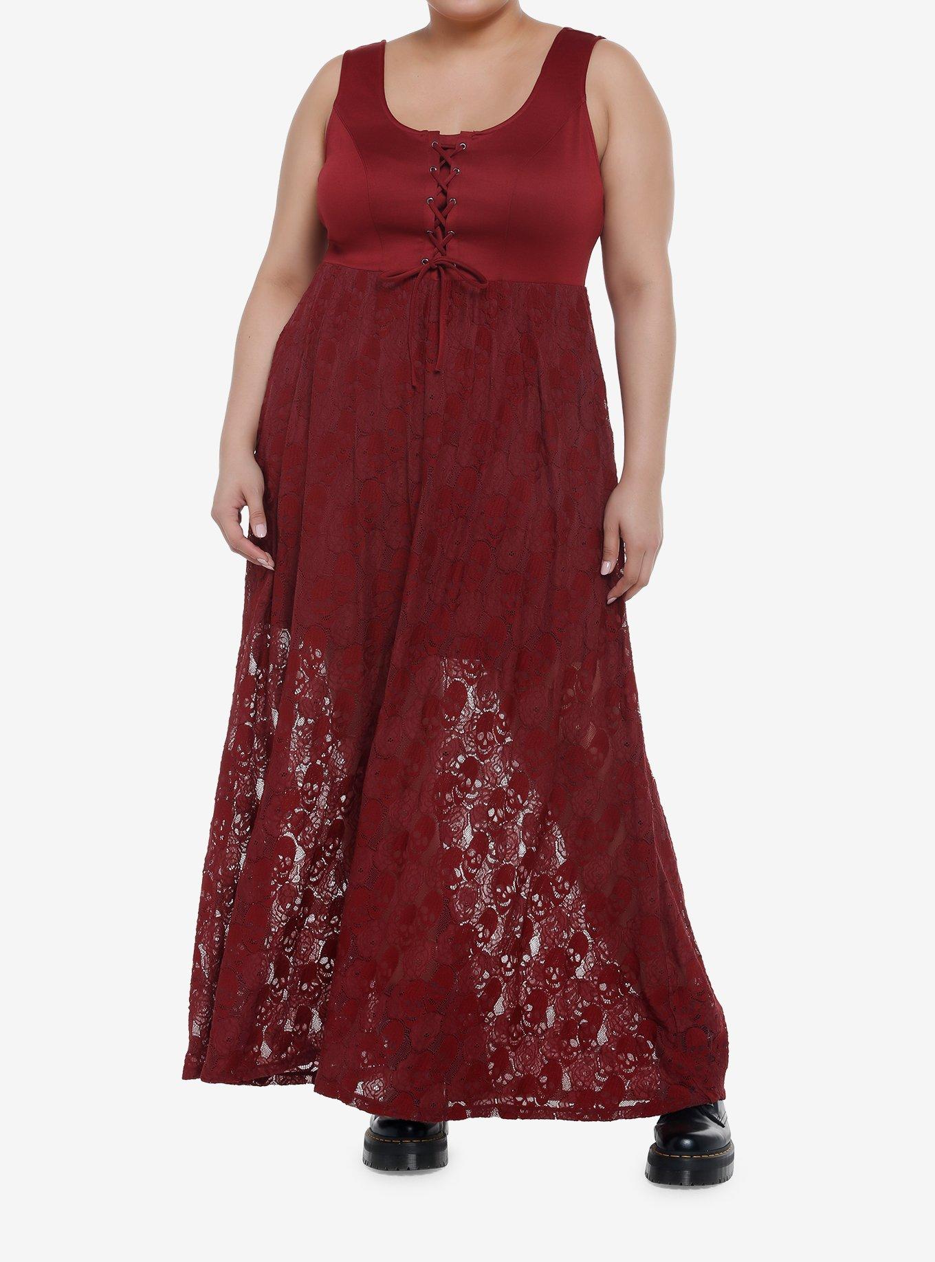 Burgundy Skulls Lace-Up Maxi Dress Plus Size, BURGUNDY, alternate
