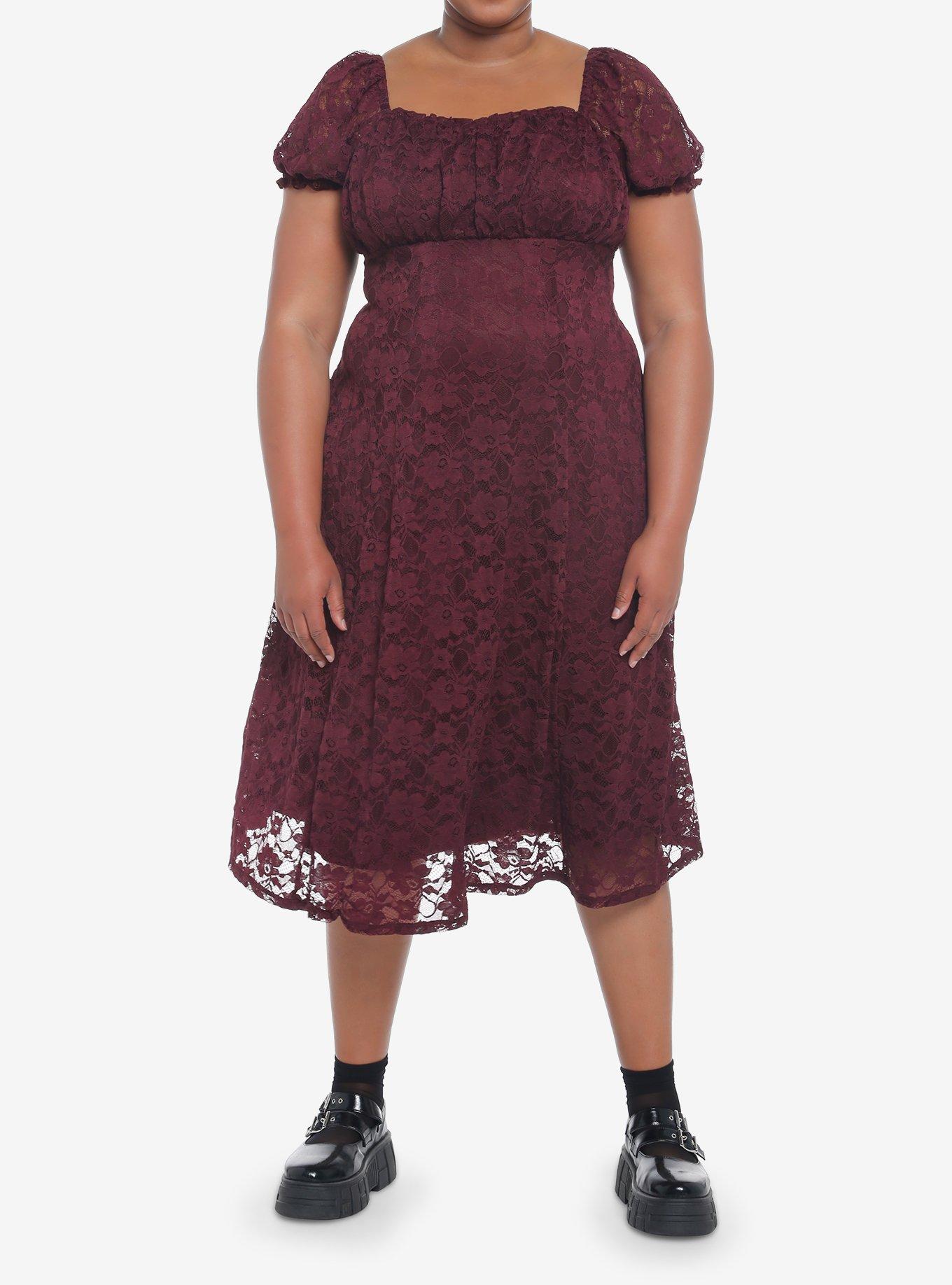 Burgundy Floral Lace Midi Dress Plus Size, FIG, alternate