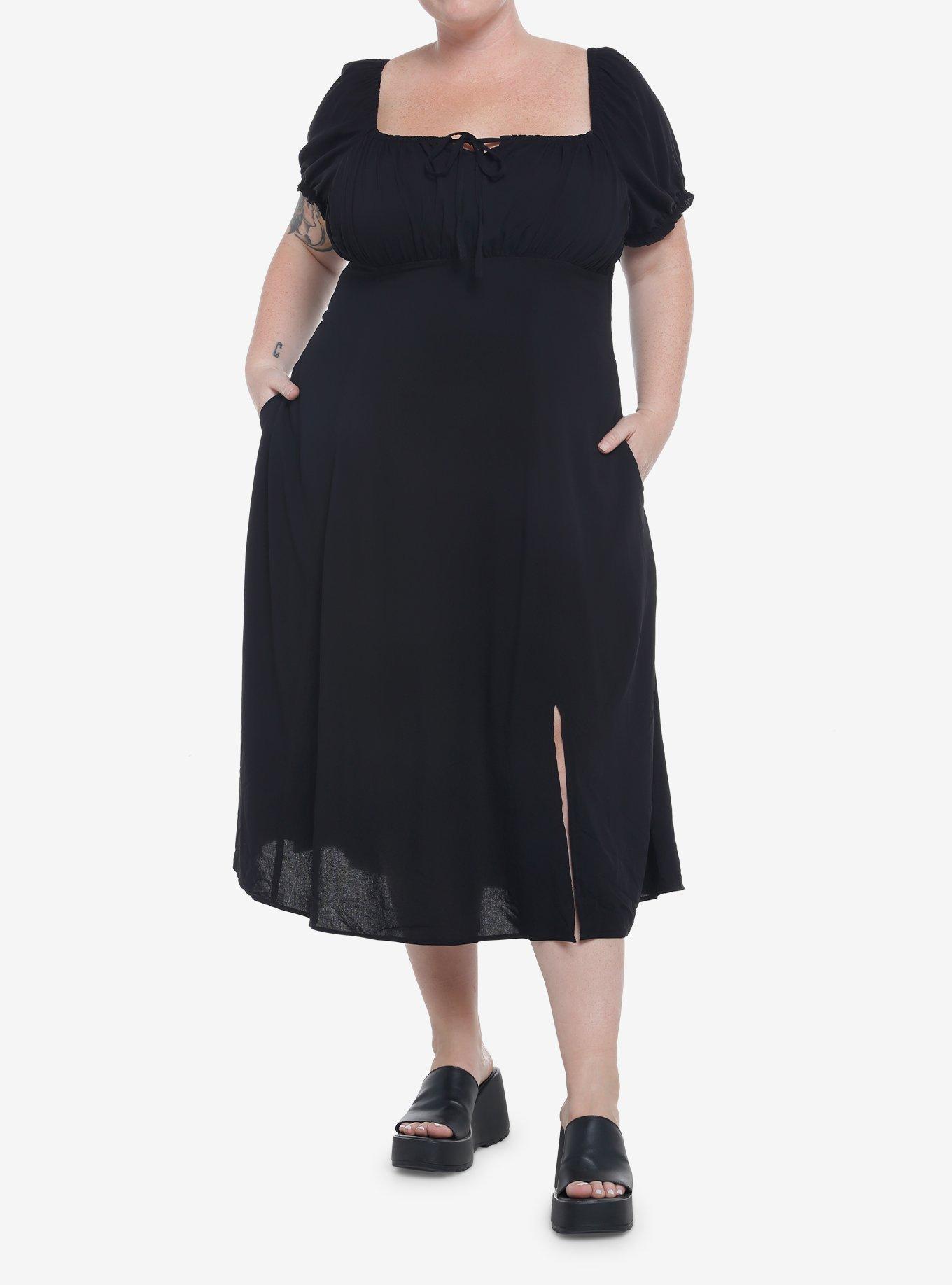 Black Babydoll Lace-Up Midi Dress, BLACK, alternate