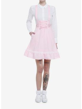 Pink Sakura Lace-Up High-Waisted Suspender Skirt, , hi-res