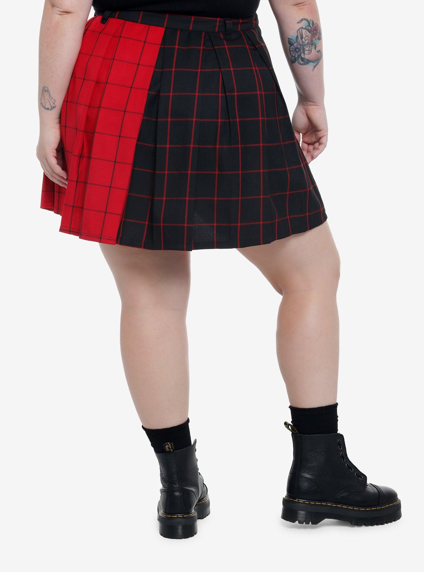 Red & Black Split Plaid Chains Pleated Skirt Plus Size, SPLIT GRID, alternate