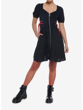 Black Front Zipper Lace-Up Dress, , hi-res