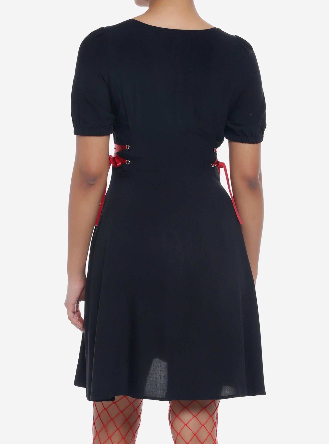 Black Front Zipper Lace-Up Dress, BLACK, alternate