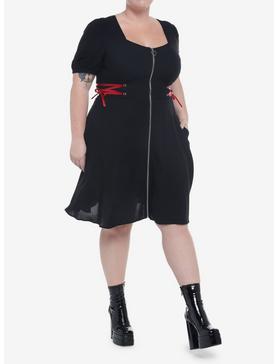 Black Front Zipper Lace-Up Dress Plus Size, , hi-res