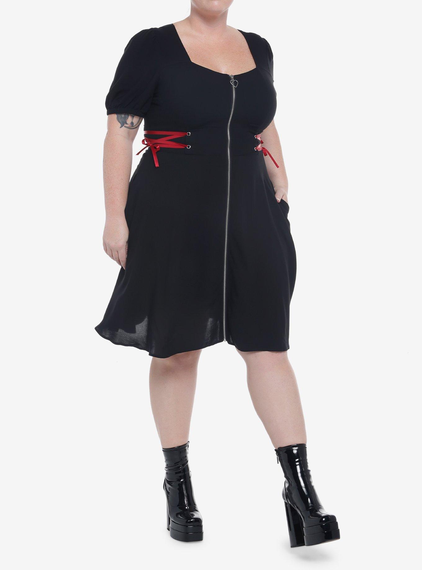 Black Front Zipper Lace-Up Dress Plus Size, BLACK, alternate