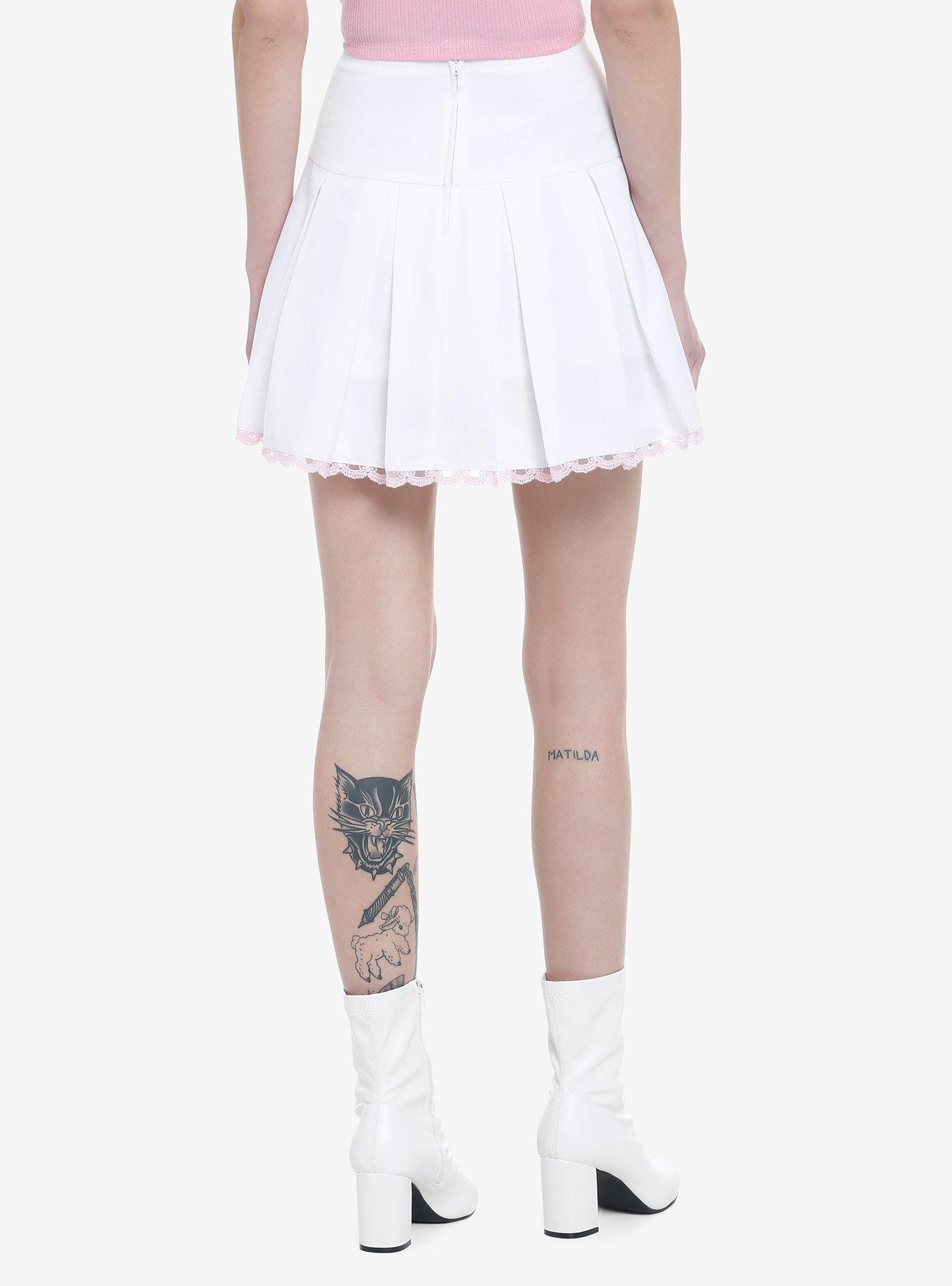 Pink Bow Lace Trim Pleated Skirt, BRIGHT WHITE, alternate