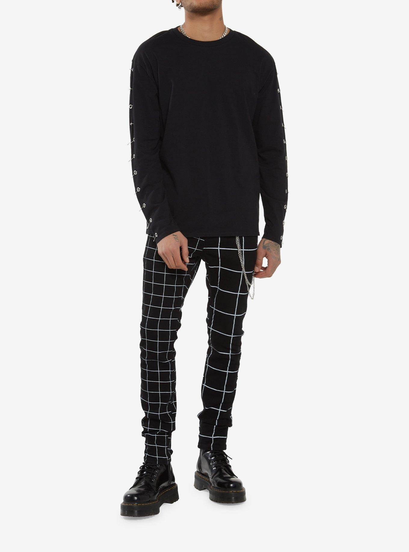Black Grommet Safety Pin Long-Sleeve T-Shirt, BLACK, alternate