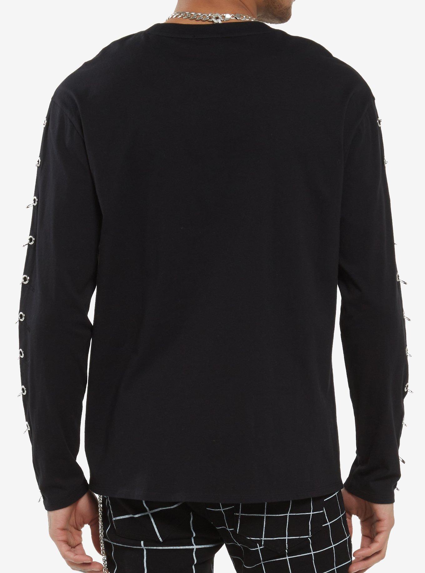 Black Grommet Safety Pin Long-Sleeve T-Shirt, BLACK, alternate