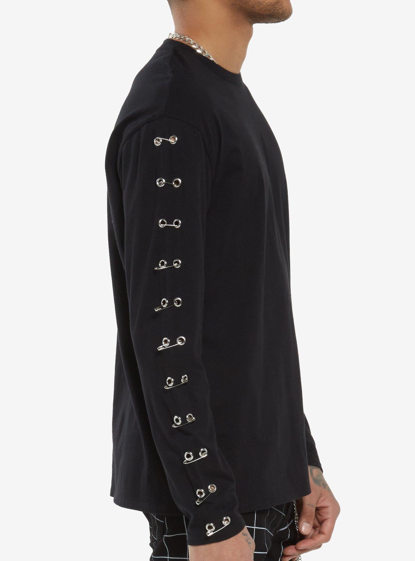 Black Grommet Safety Pin Long-Sleeve T-Shirt, BLACK, alternate
