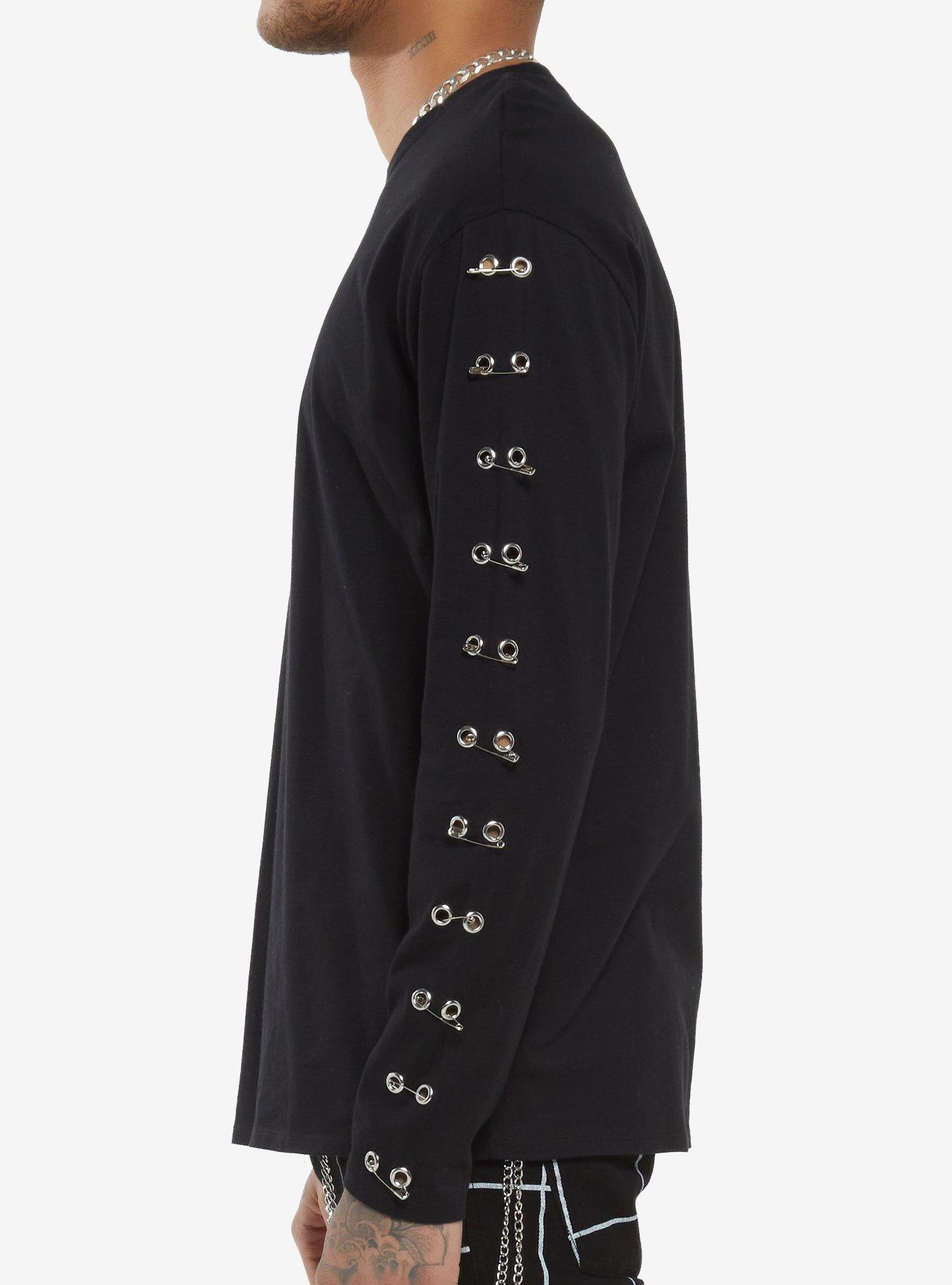 Black Grommet Safety Pin Long-Sleeve T-Shirt, BLACK, alternate