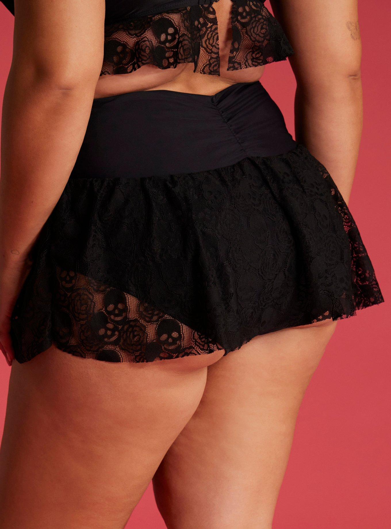 Skull Black Lace Skirted Swim Bottoms Plus Size, MULTI COLOR, alternate