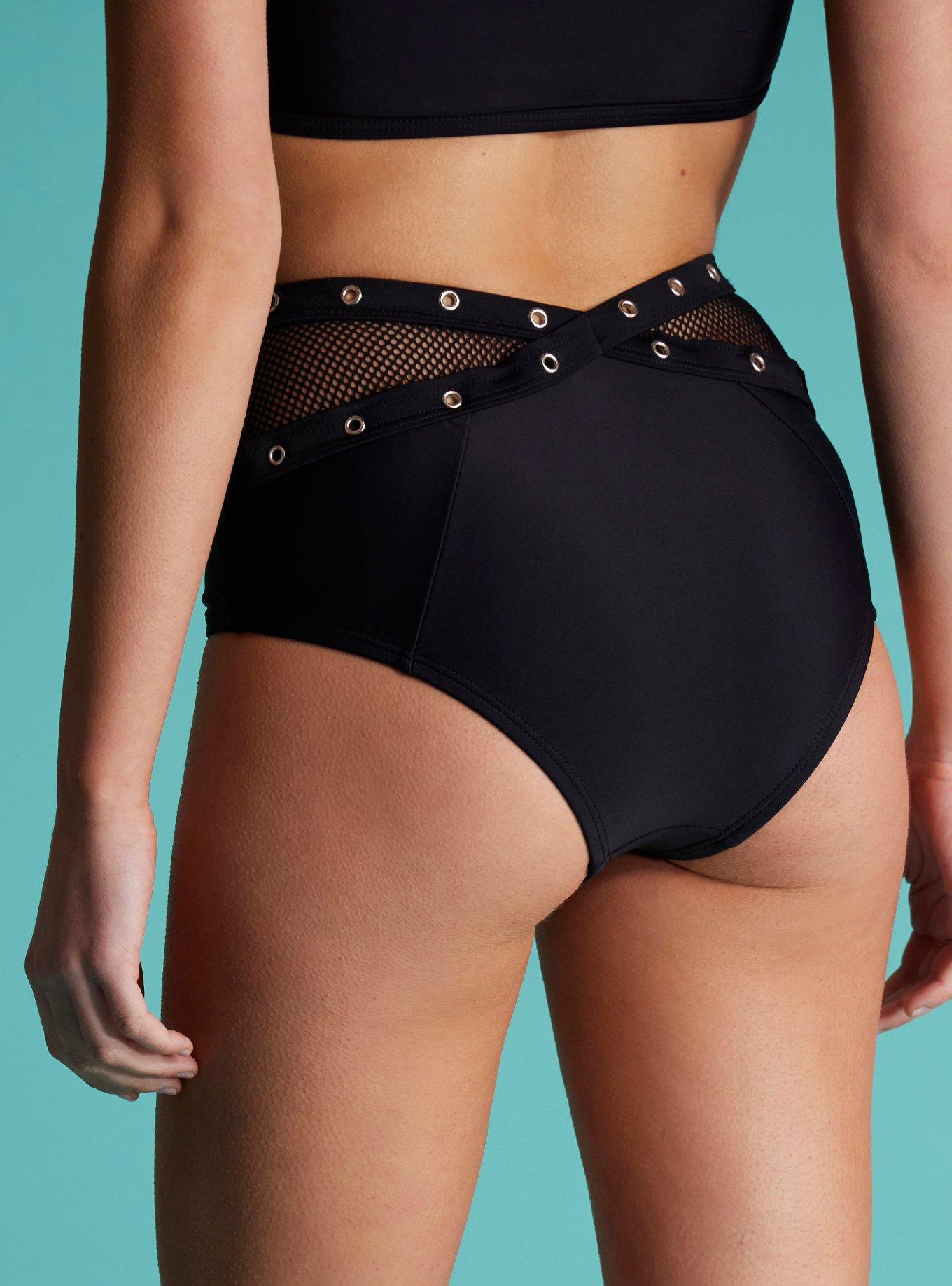 Black Fishnet Grommet Swim Bottoms, MULTI COLOR, alternate