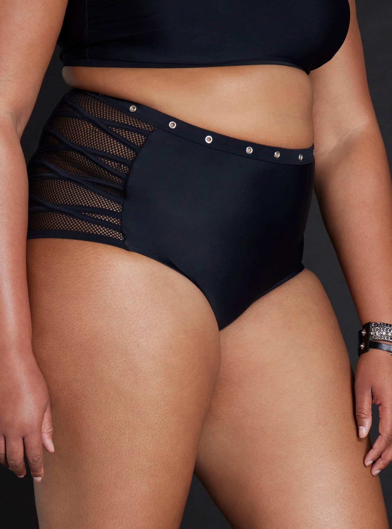 Black Fishnet Grommet Swim Bottoms Plus Size, MULTI COLOR, alternate