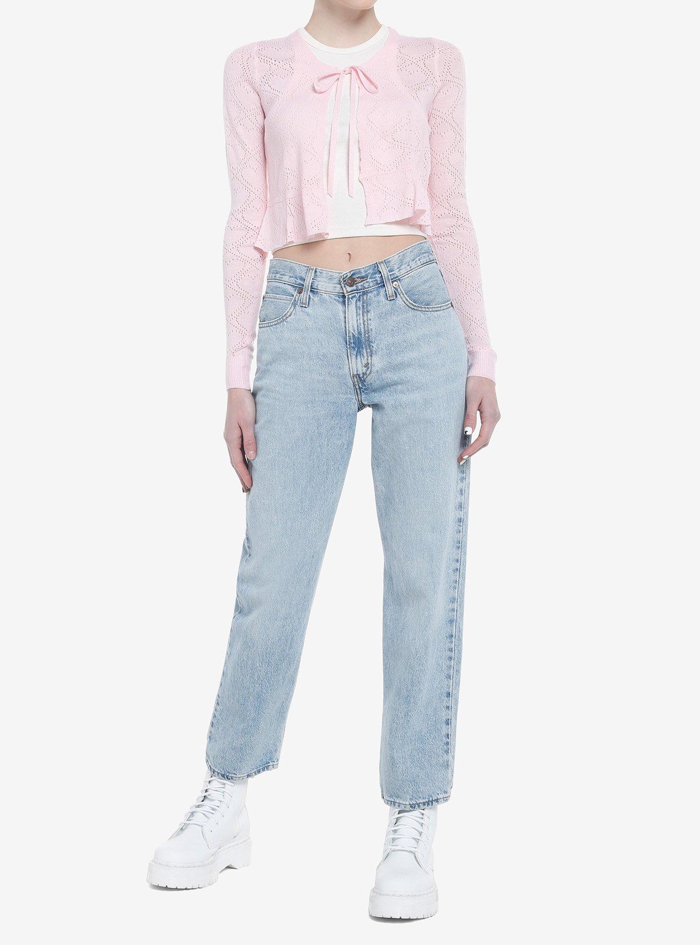 Baby Pink Tie-Front Girls Crop Cardigan, PINK, alternate