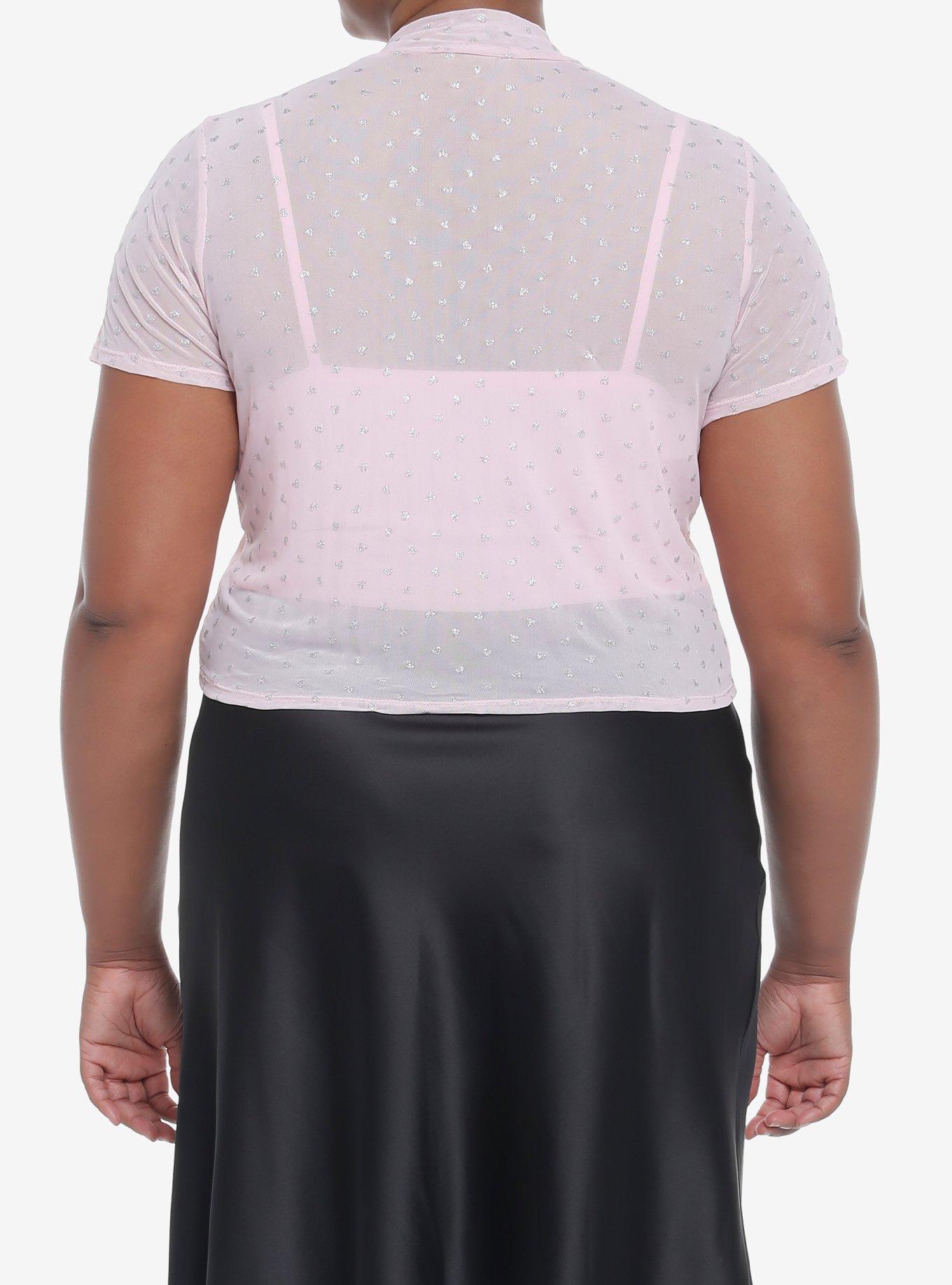Pink Glitter Hearts Mock Neck Mesh Girls Twofer Top Plus Size, HEARTS, alternate