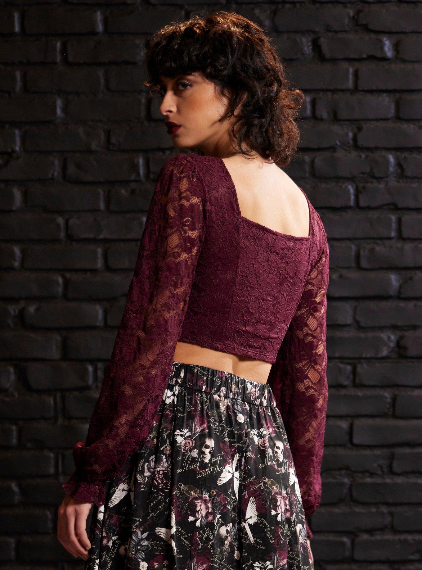 Maroon Lace Poet Girls Long-Sleeve Crop Top, FIG, alternate